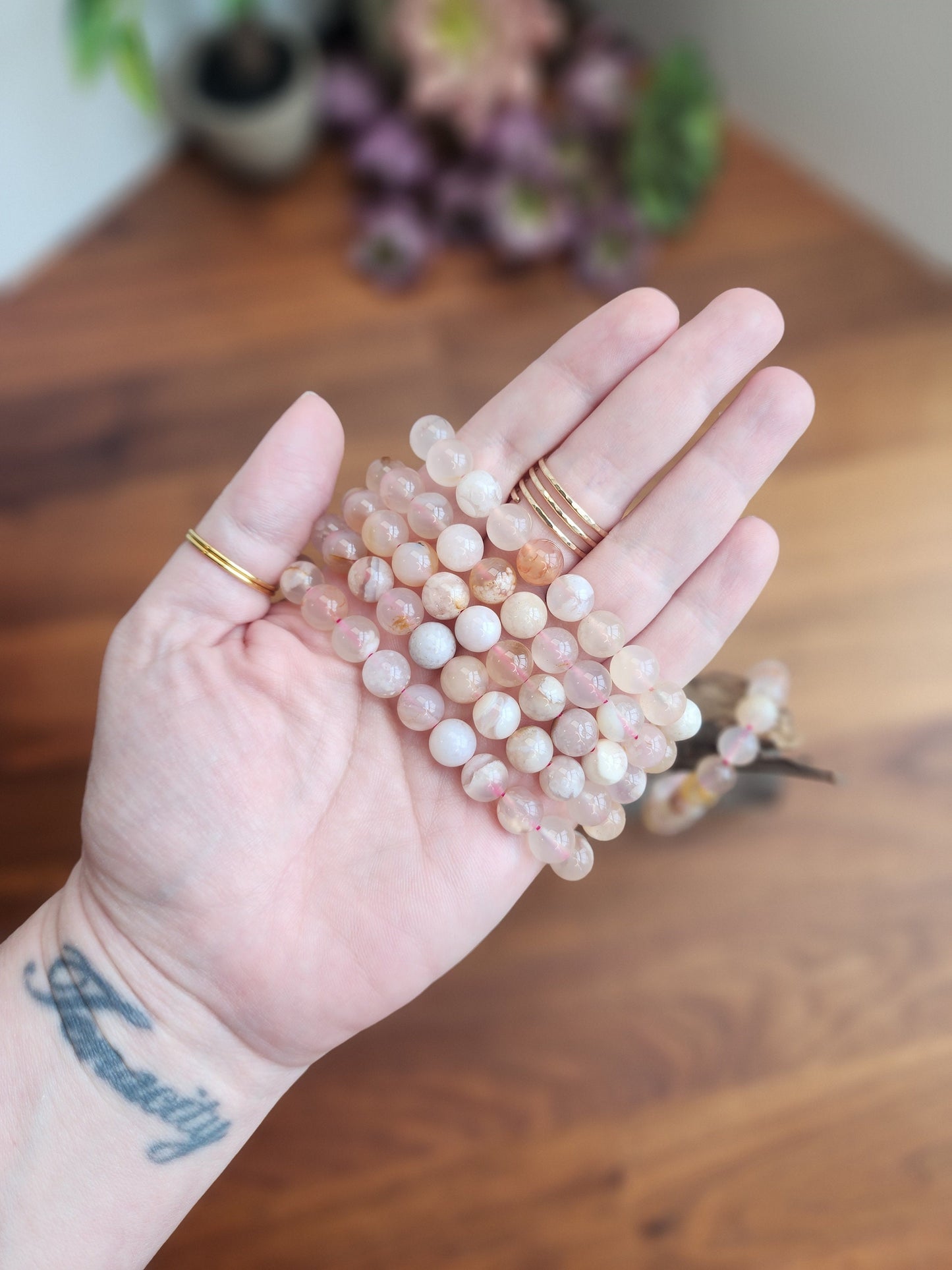 Flower Agate Bracelet | Natural 8MM flowered Beads on Stretchy Band | Intuitively Chosen
