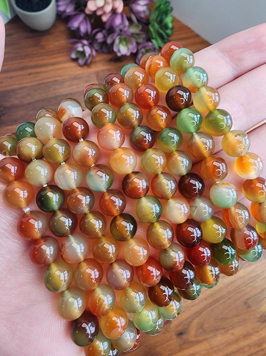 Peacock Agate Bracelet: Banded Crystal Beads, Earthy Autumn Jewelry