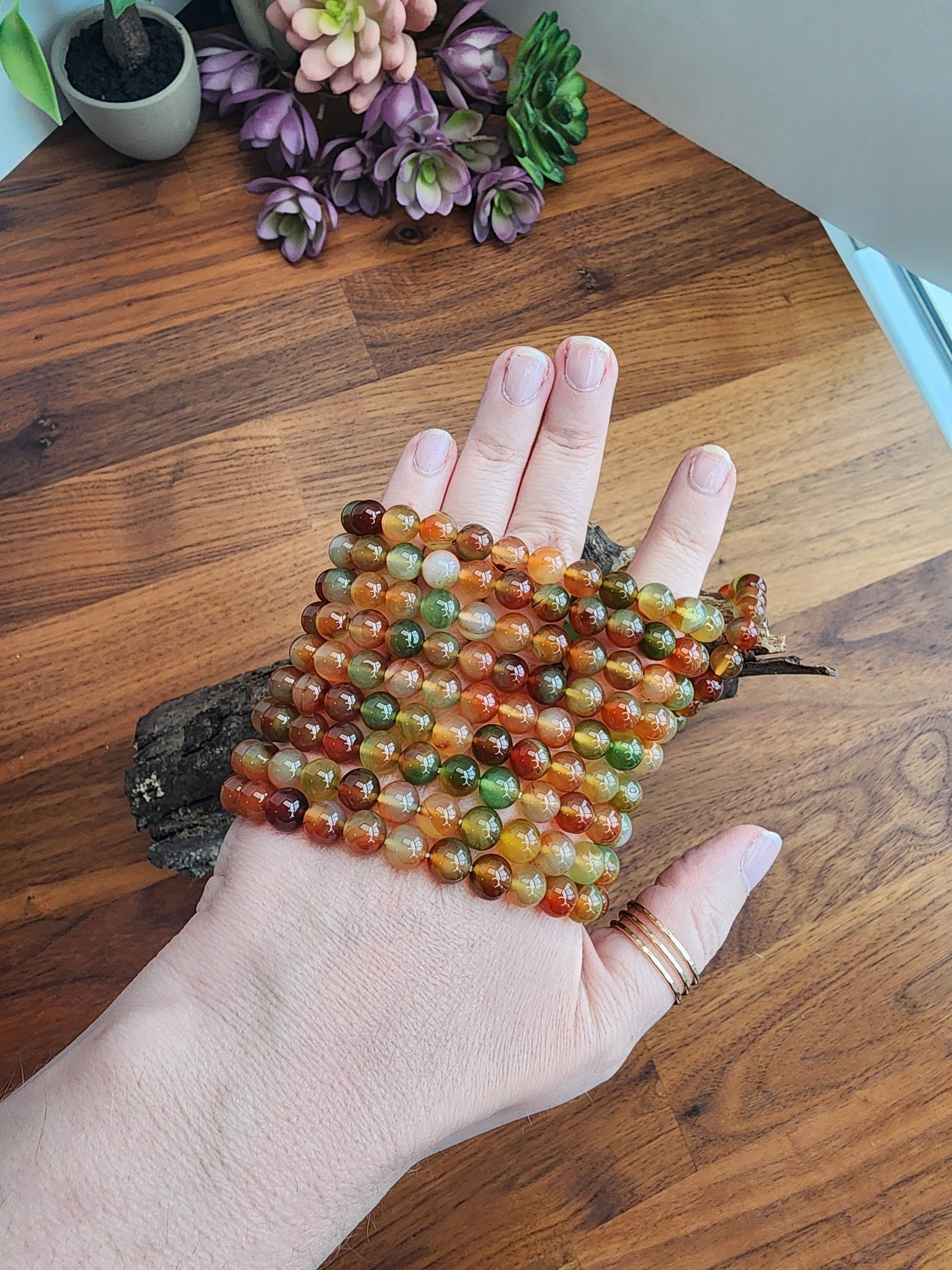 Peacock Agate Bracelet | 8MM Crystal Beads | Gorgeous Banding | Green, Brown, Copper, and Mint colors for Fall | Earthy Autumn Jewelry
