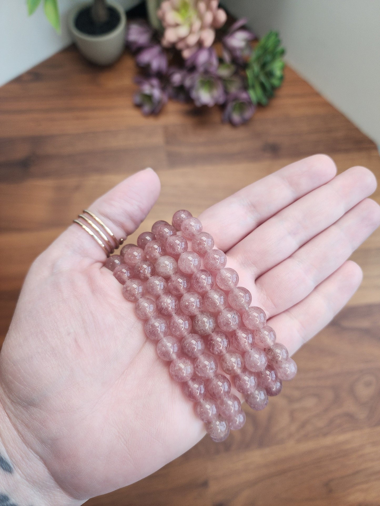 Strawberry Quartz Bracelet | 8MM Crystal Beads | Light Pink & High Quality | Stretchy Band | Beautiful Valentines Gift | Intuitively Chosen