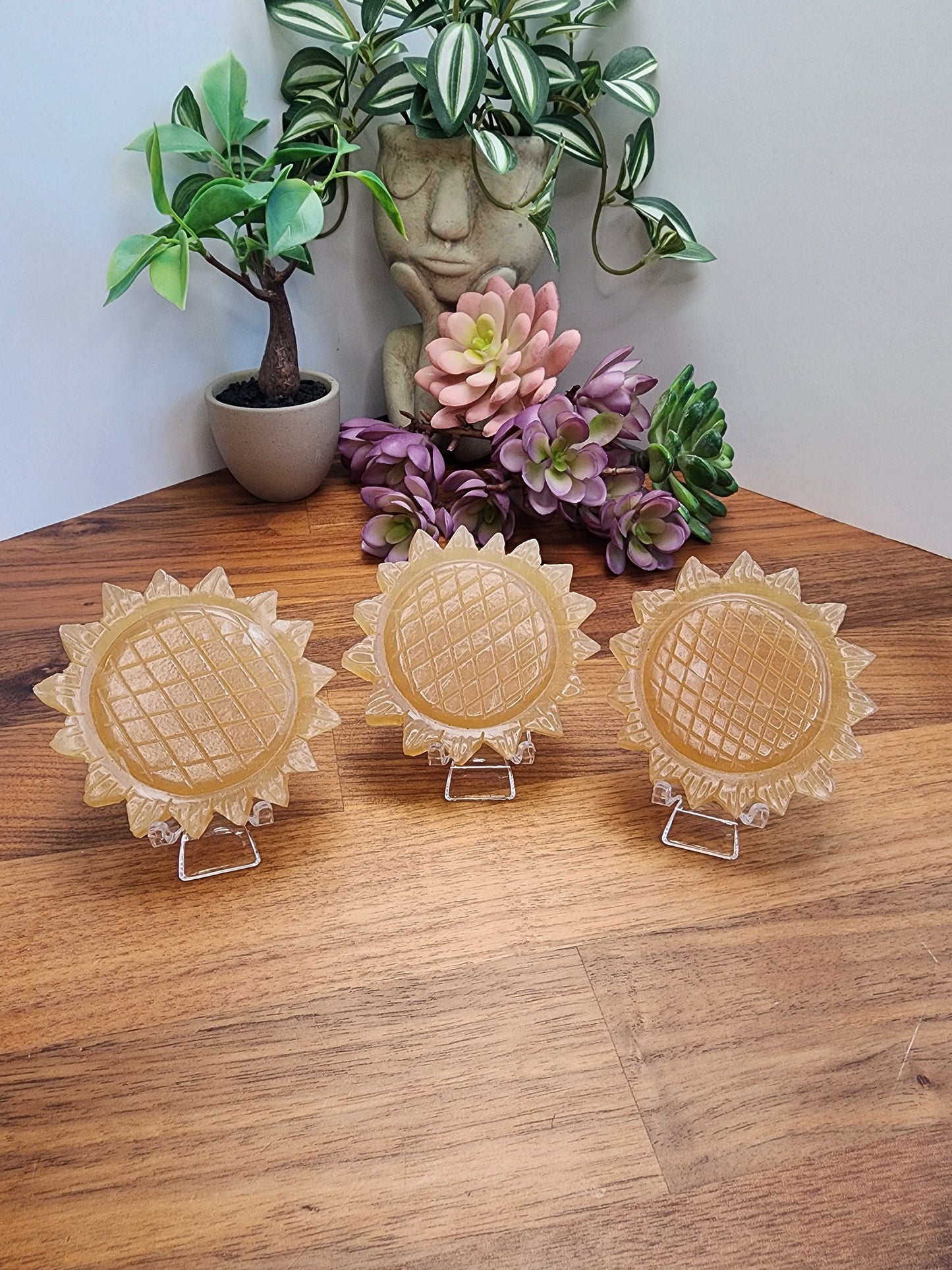 Honey Calcite Sunflower: 3D Crystal Carving, Golden Amber Stone