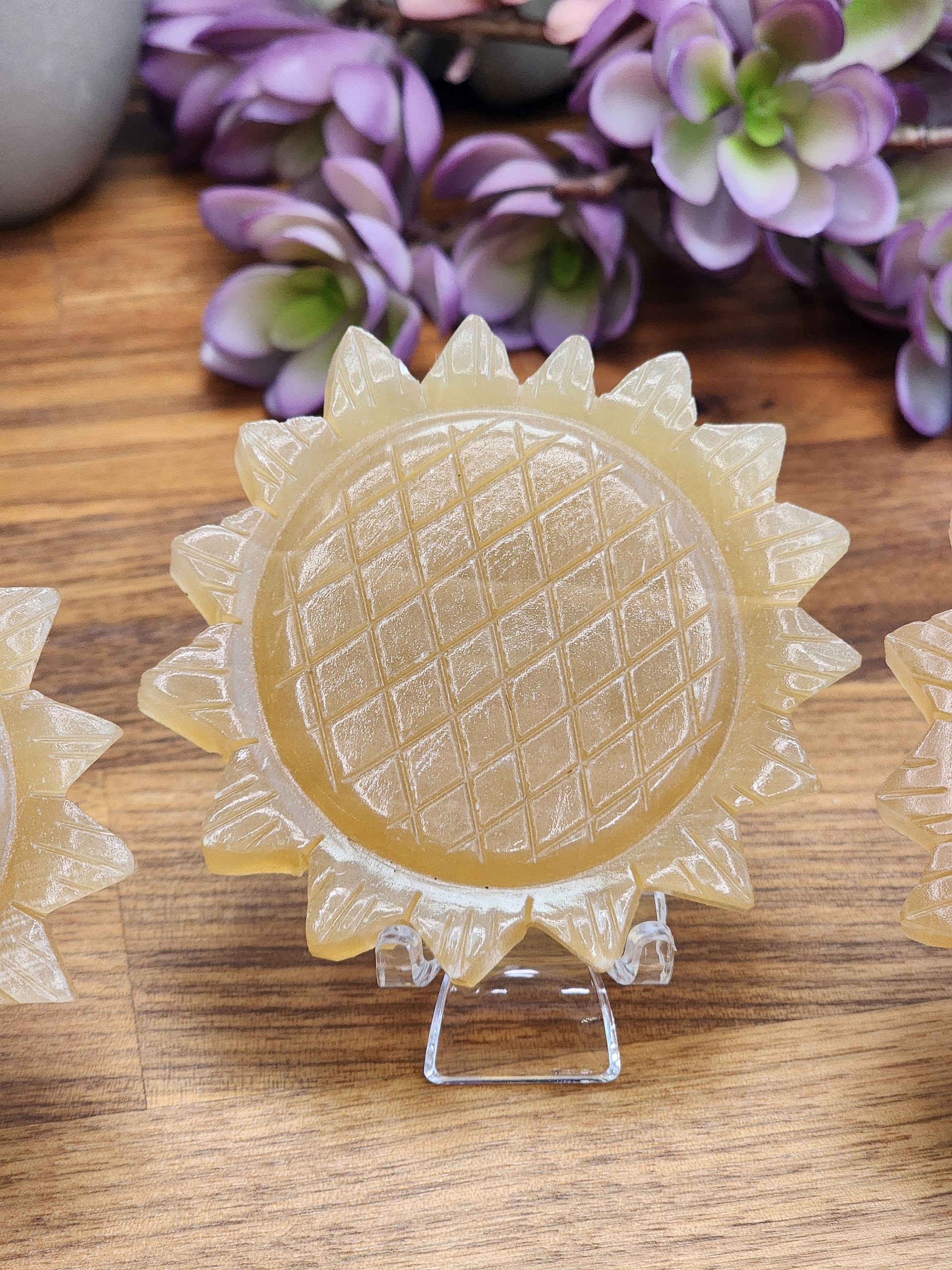 Honey Calcite Sunflower: 3D Crystal Carving, Golden Amber Stone