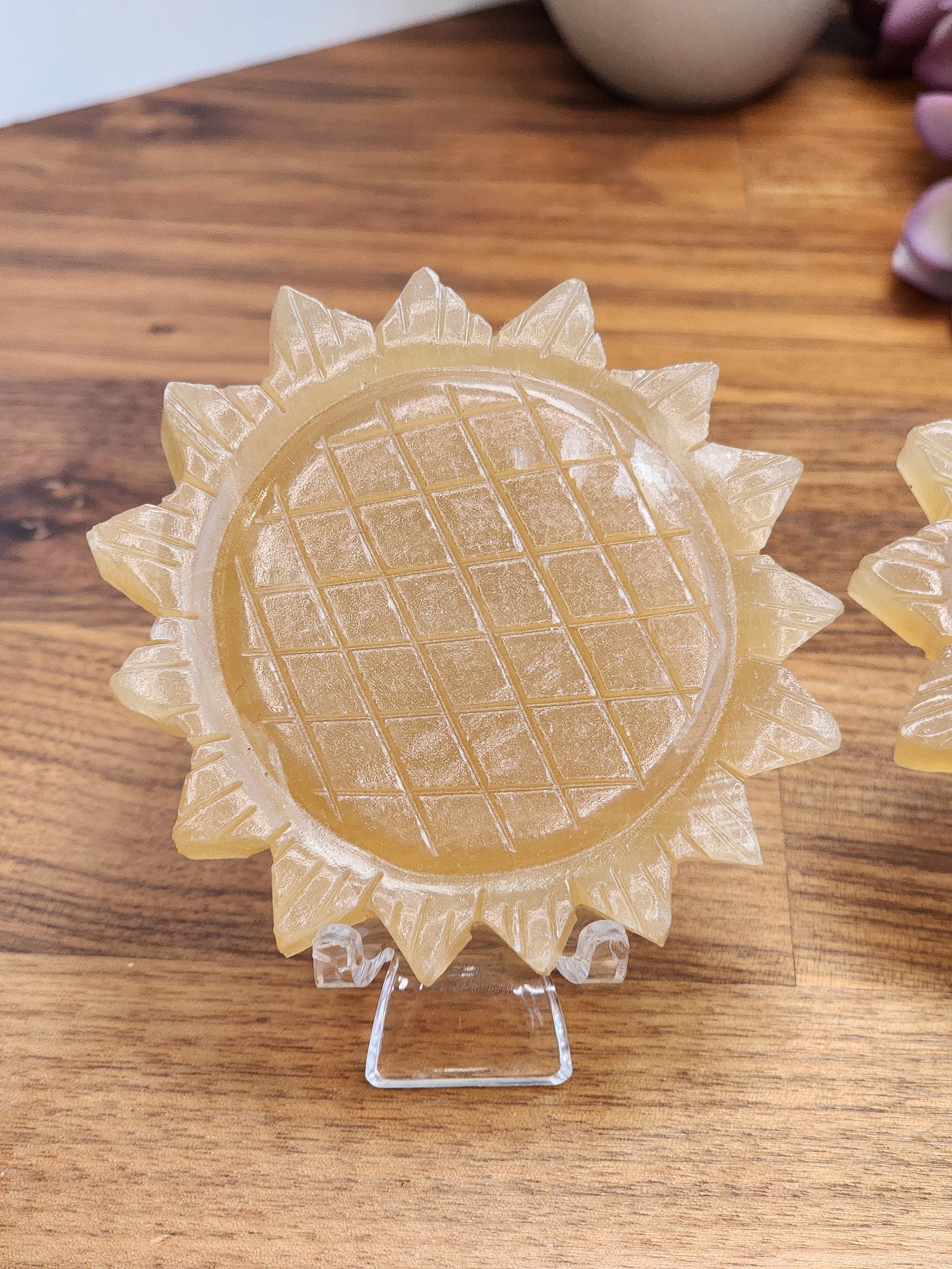 Honey Calcite Sunflower: 3D Crystal Carving, Golden Amber Stone
