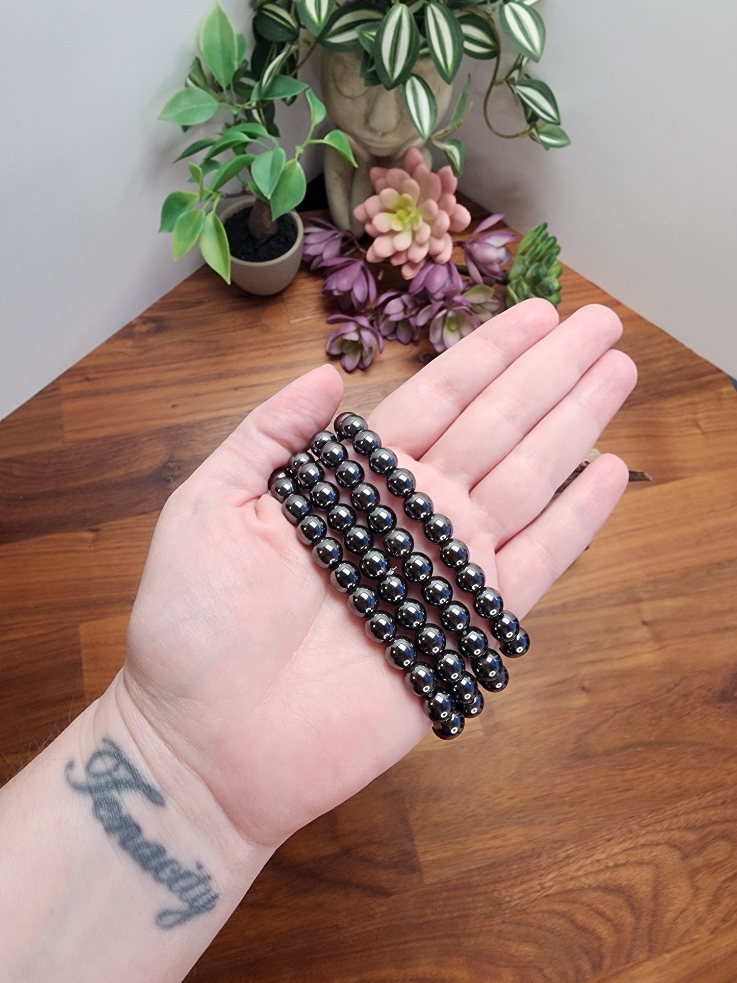 Hematite Crystal Bracelet | 8MM | Shiny Silver Metallic Gray and Black | Grounding Stone for Iron Warrior Energy