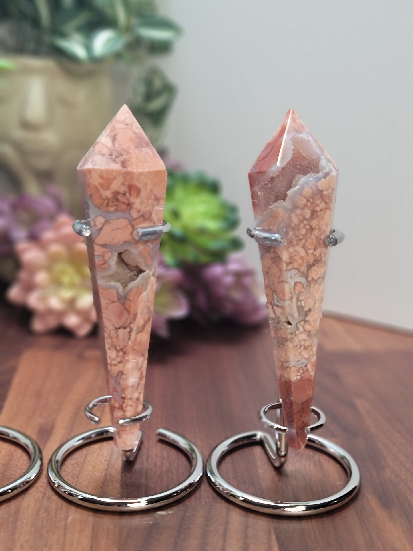 Pretty Pink Flower Agate Scepter w/ Stand | Cotton Candy Agate | Pink Red and White Crystal Point | Choose Your Own