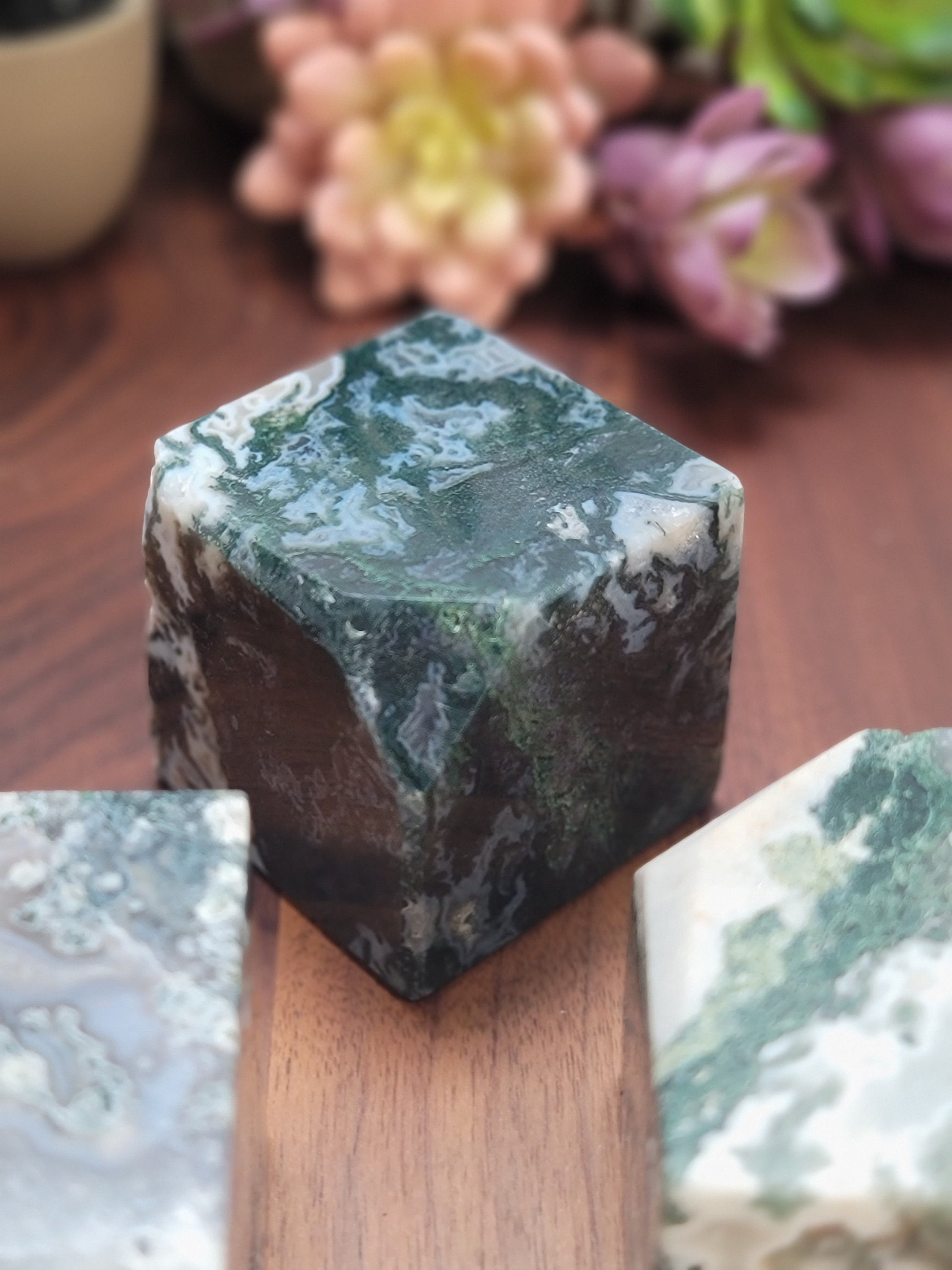 Druzy Moss Agate Cube | Large Size | Green, Blue & White with Sparkling Druzy | Intuitively Chosen