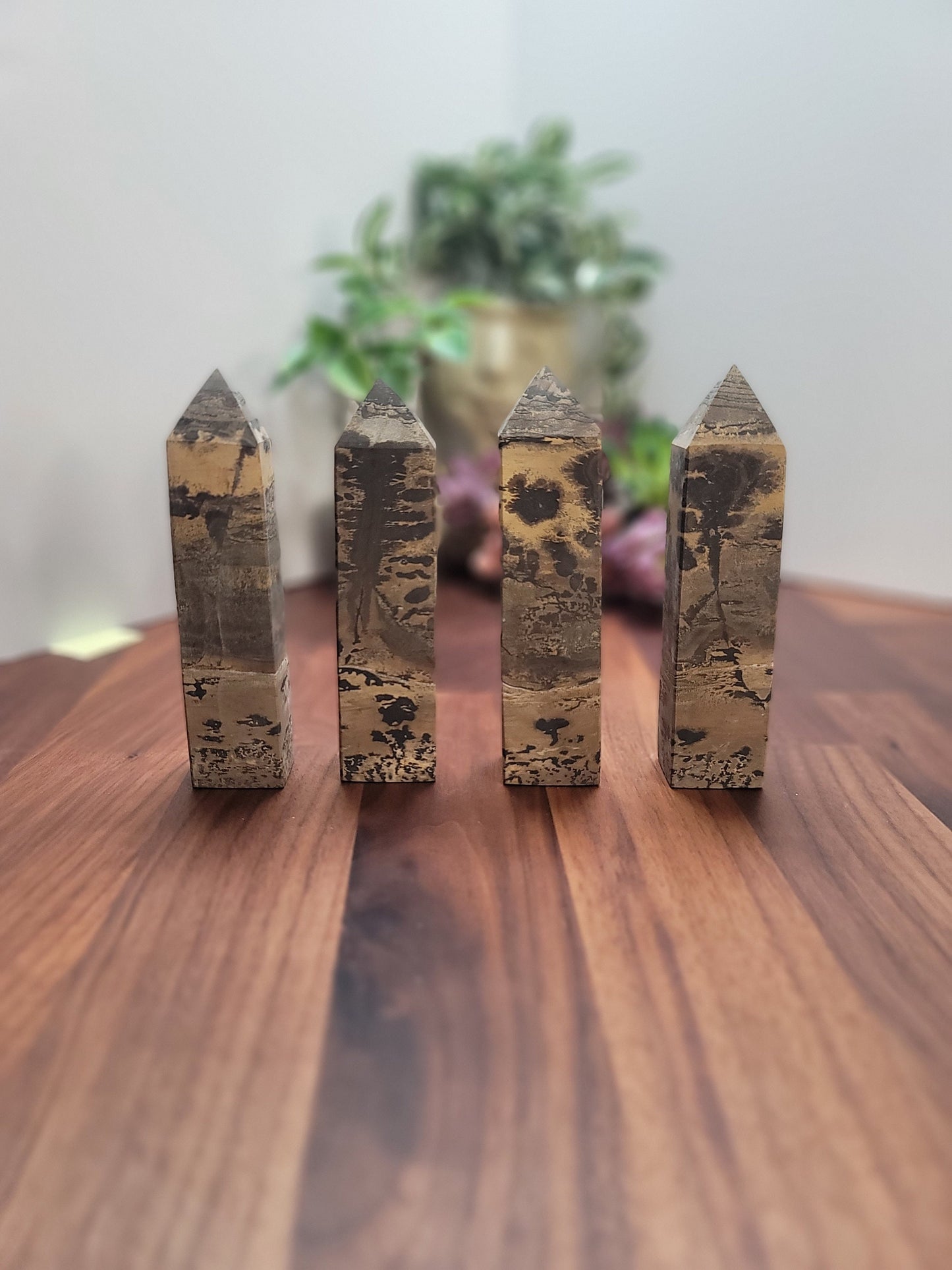 Picture Jasper Crystal Tower | Medium 4.7" Desert Scene Points | Gray Yellow and Black Natural Home Decor for Granola Girls