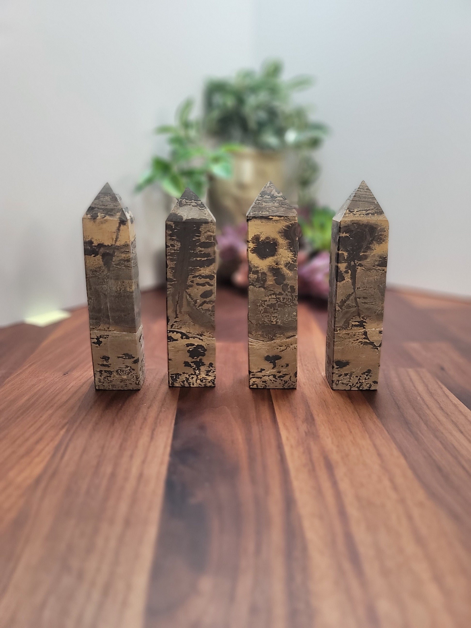 Picture Jasper Crystal Tower | Medium 4.7" Desert Scene Points | Gray Yellow and Black Natural Home Decor for Granola Girls