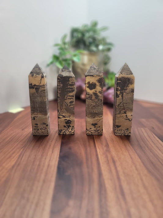 Picture Jasper Crystal Tower | Medium 4.7" Desert Scene Points | Gray Yellow and Black Natural Home Decor for Granola Girls