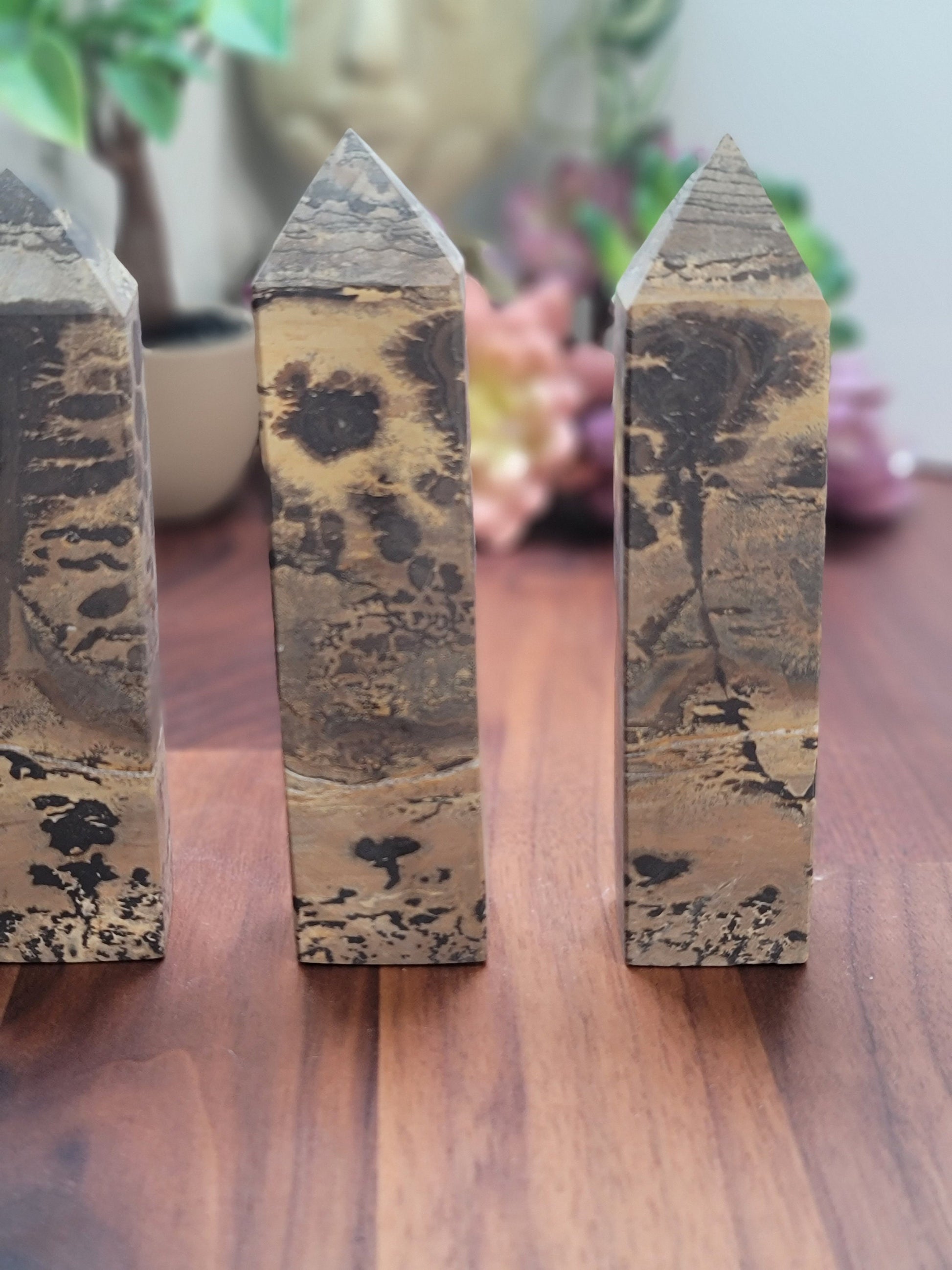 Picture Jasper Crystal Tower | Medium 4.7" Desert Scene Points | Gray Yellow and Black Natural Home Decor for Granola Girls