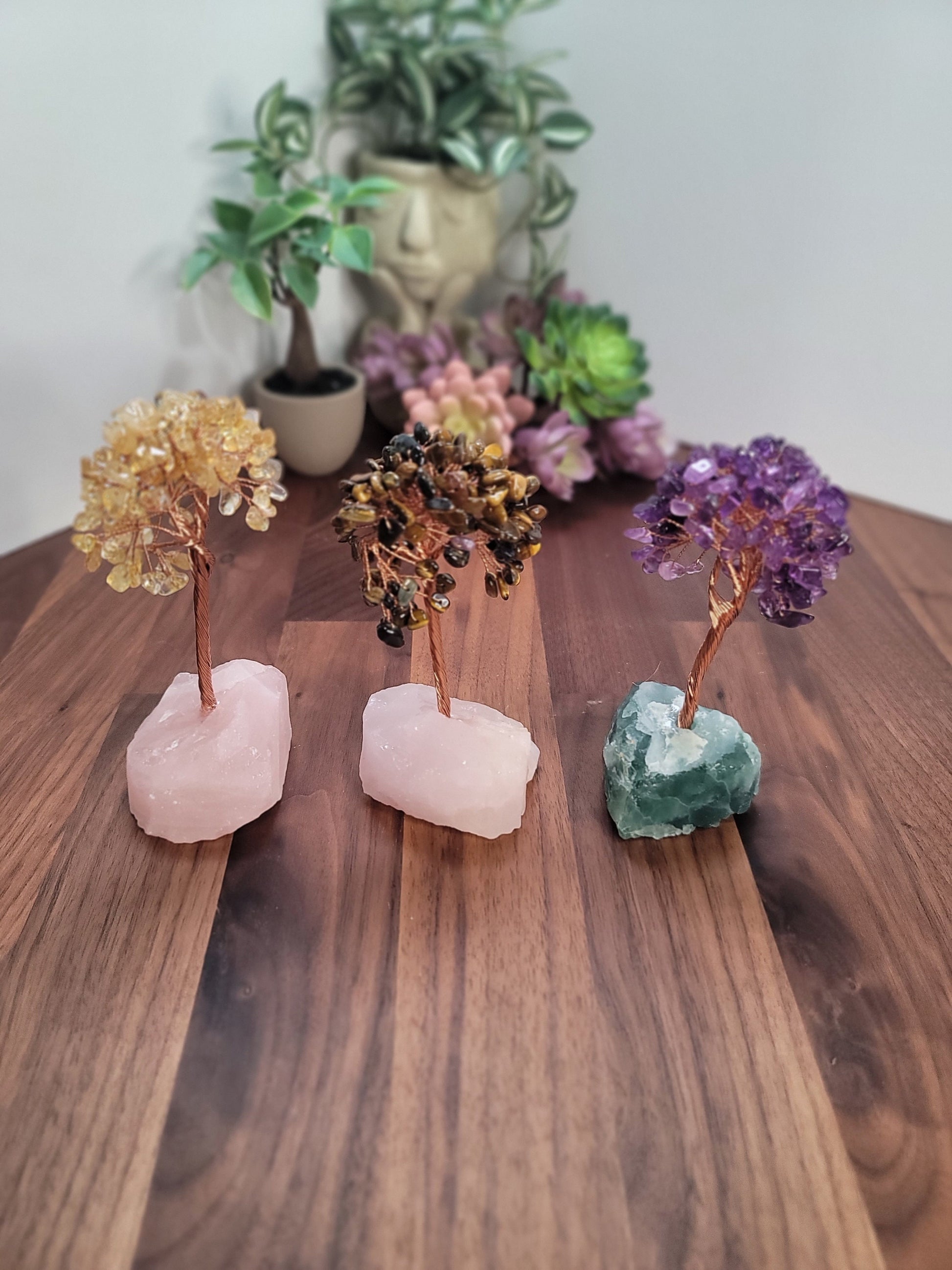 Crystal Tree Decor: Citrine, Tiger's Eye & Amethyst on Base