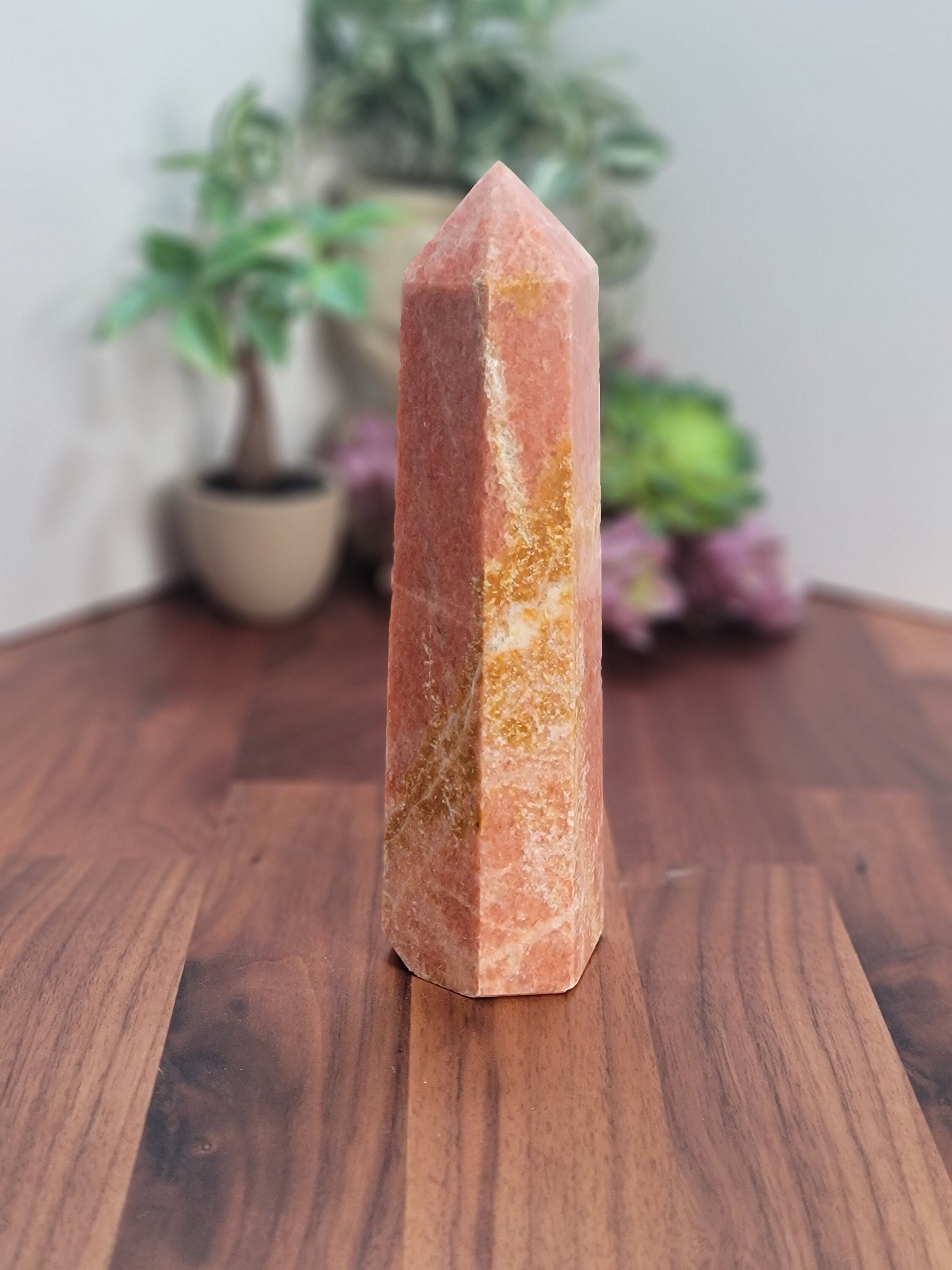 Sweet Orange Orchid Calcite Tower | B | Dreamy Peach Crystal Point with patterns | Huge 7.5 Inch | Spring Pastel Home Decor Piece for Easter