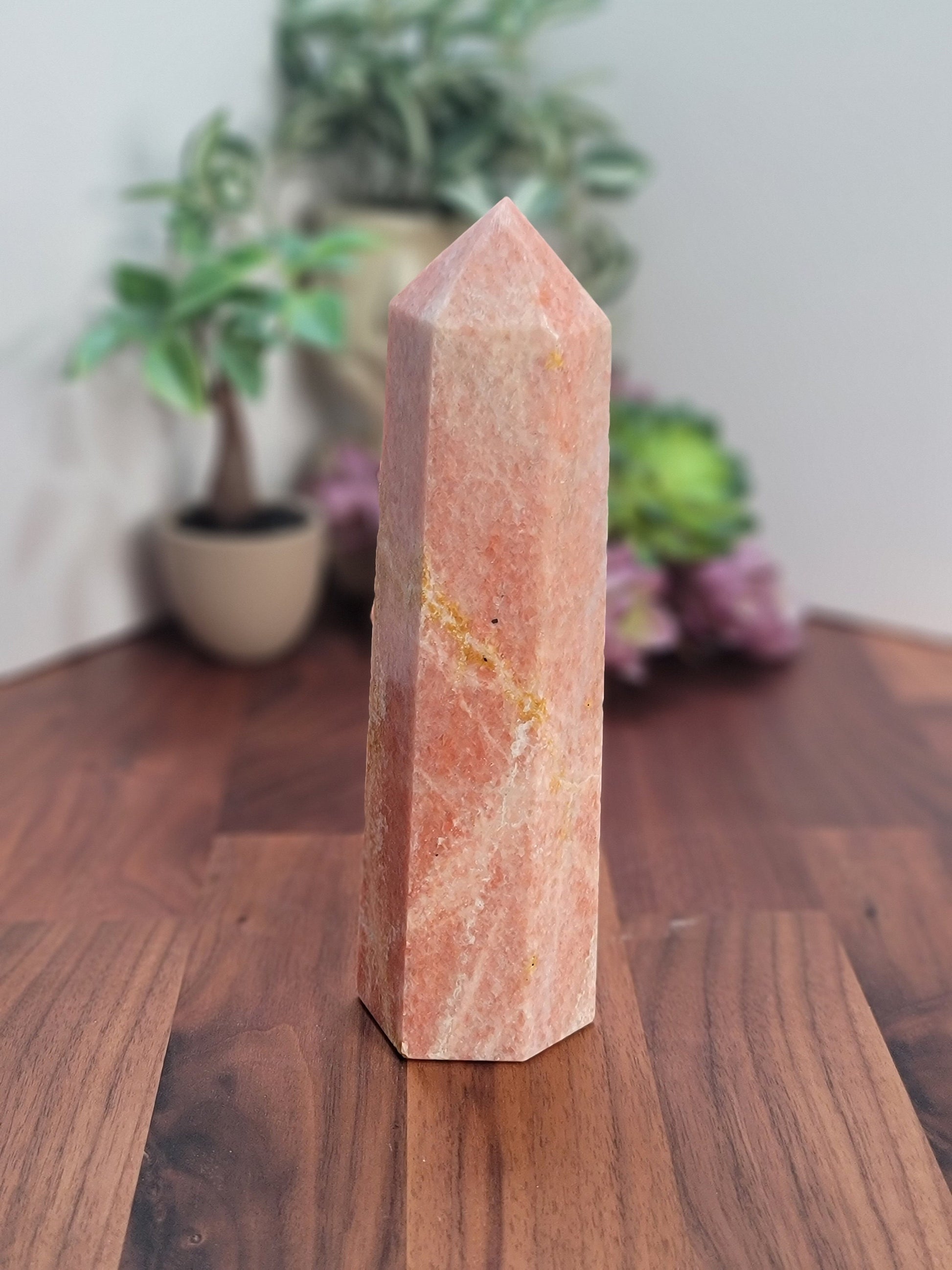 Sweet Orange Orchid Calcite Tower | B | Dreamy Peach Crystal Point with patterns | Huge 7.5 Inch | Spring Pastel Home Decor Piece for Easter
