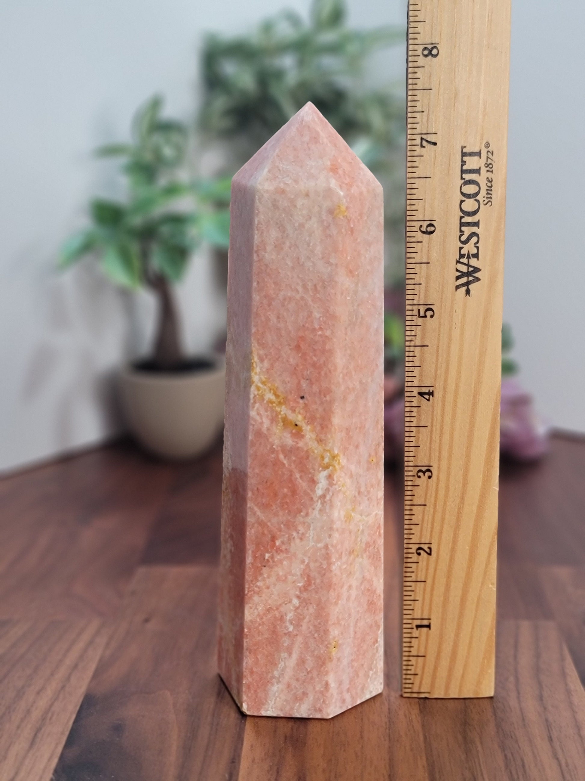 Sweet Orange Orchid Calcite Tower | B | Dreamy Peach Crystal Point with patterns | Huge 7.5 Inch | Spring Pastel Home Decor Piece for Easter