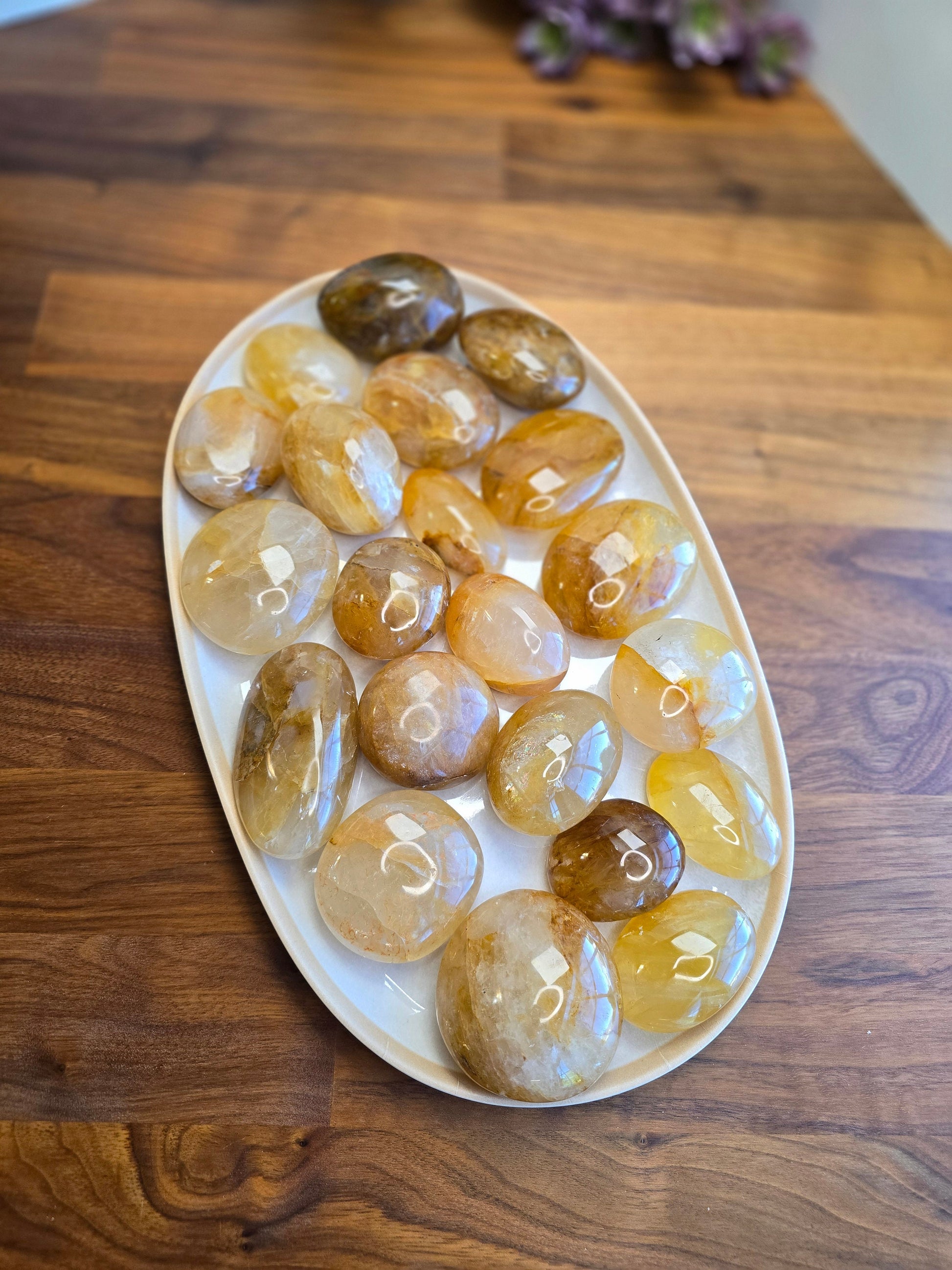 Golden Healer Palm Stone | Large | Marigold, Clear, Gold and Rainbows | Yellow Lover Pocket Crystals | ADHD Fidgets | Intuitively Chosen