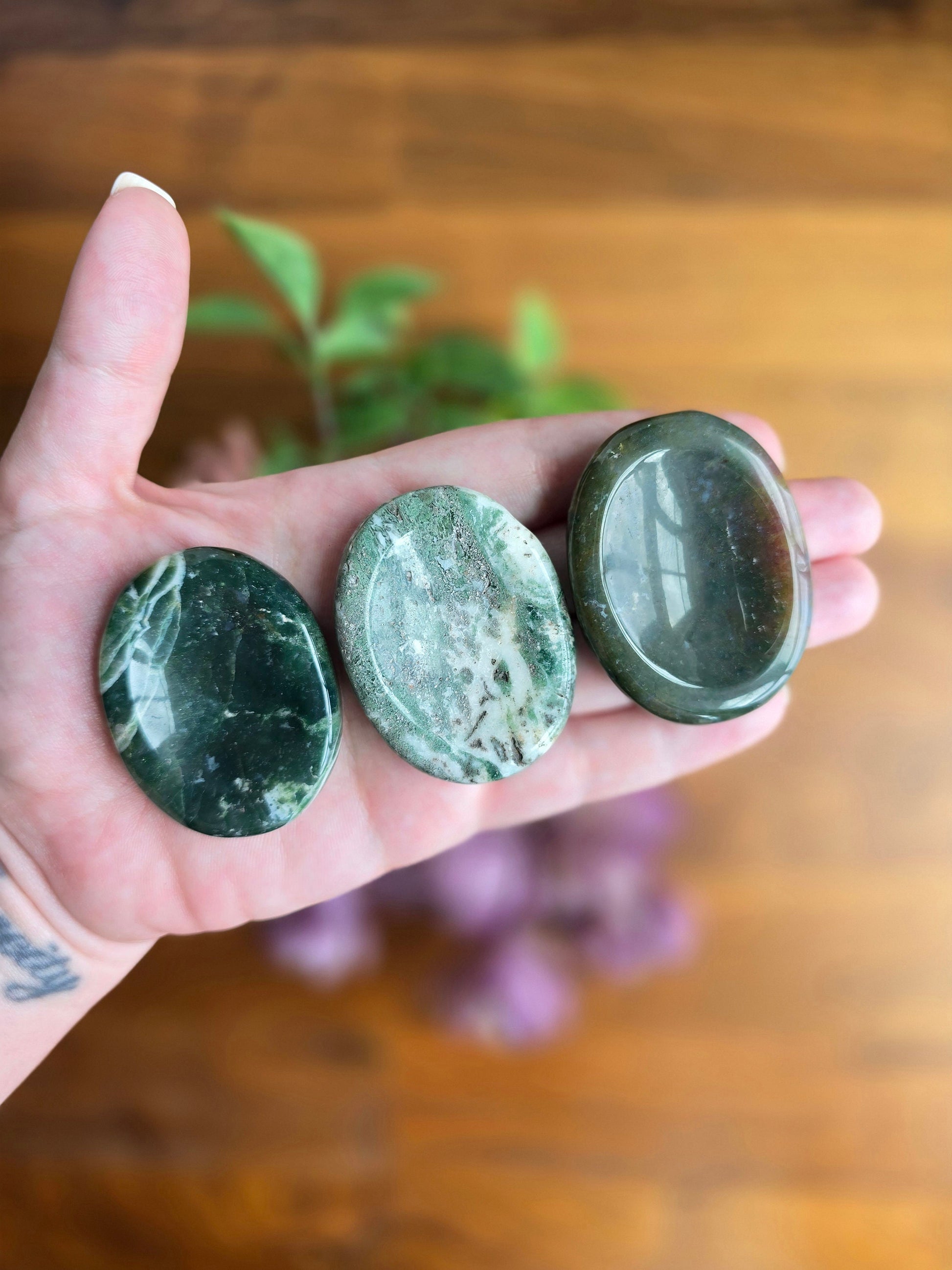 Chunky Green Moss Agate Worry Stone: Pocket Fidget Crystal (50 MM)
