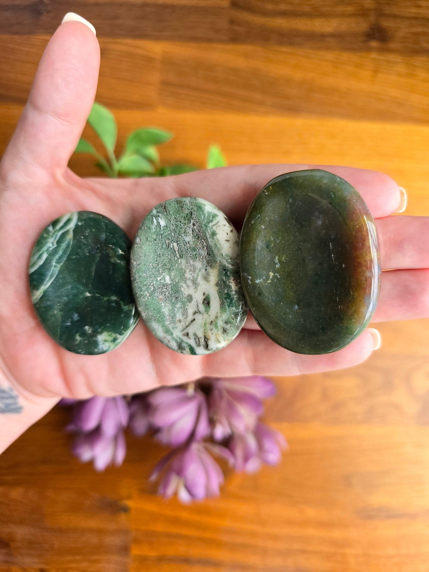 Chunky Green Moss Agate Worry Stone: Pocket Fidget Crystal (50 MM)