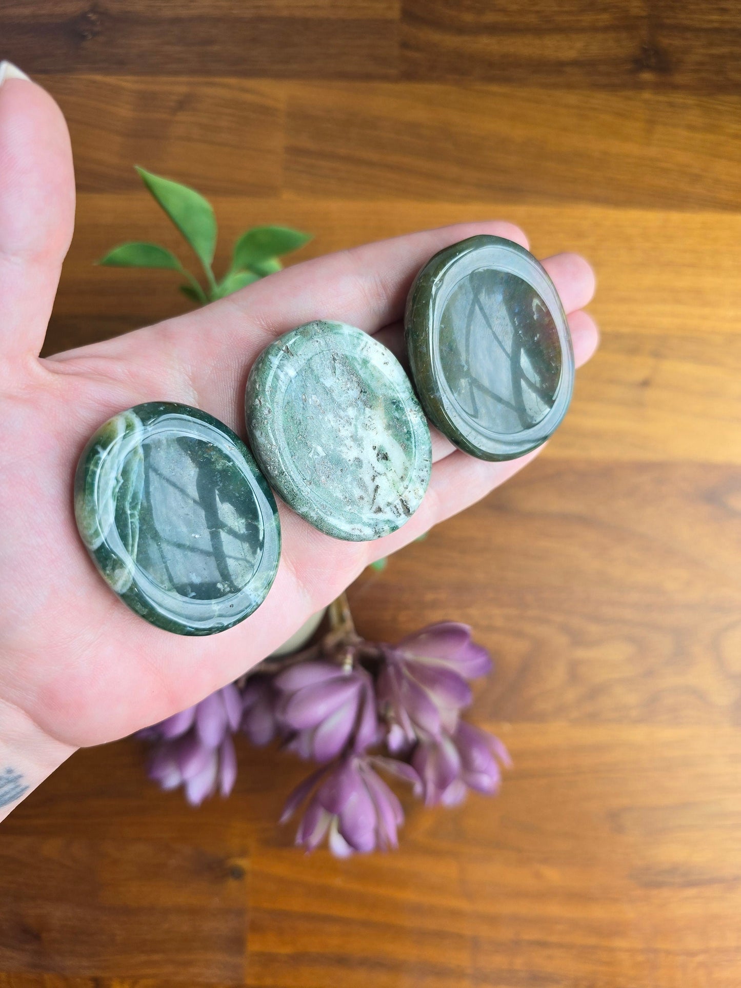 Chunky Green Moss Agate Worry Stone: Pocket Fidget Crystal (50 MM)