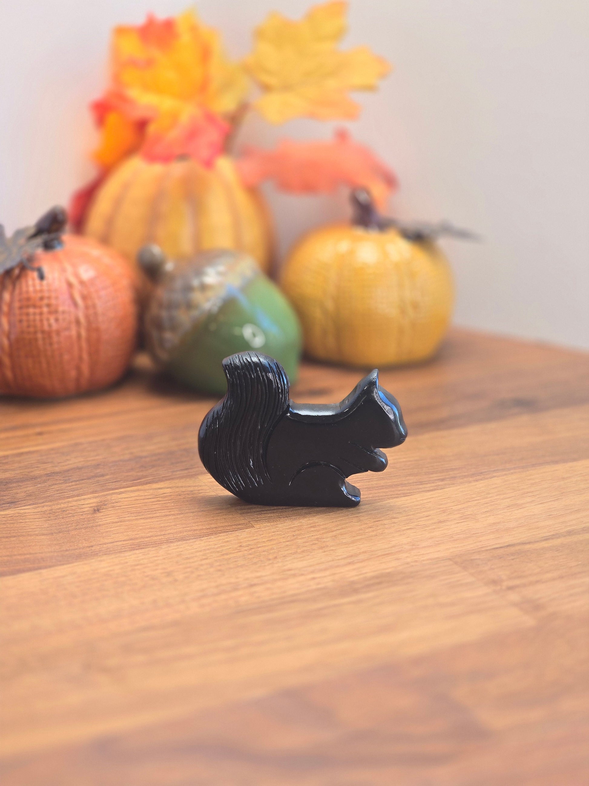 Black Crystal Squirrel | Autumn Carvings for Fall Decor | Around 3" | Natural Serpentine with Black Heavy Laquer | MISFIT