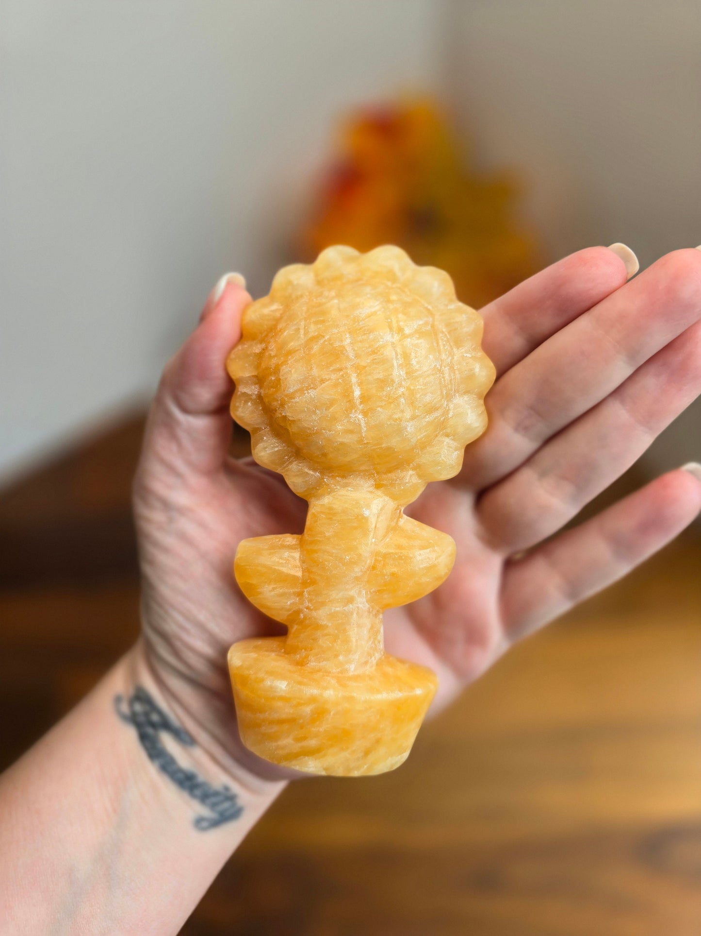 Yellow Calcite Sunflower: 3D Crystal Carving, Fall Decor