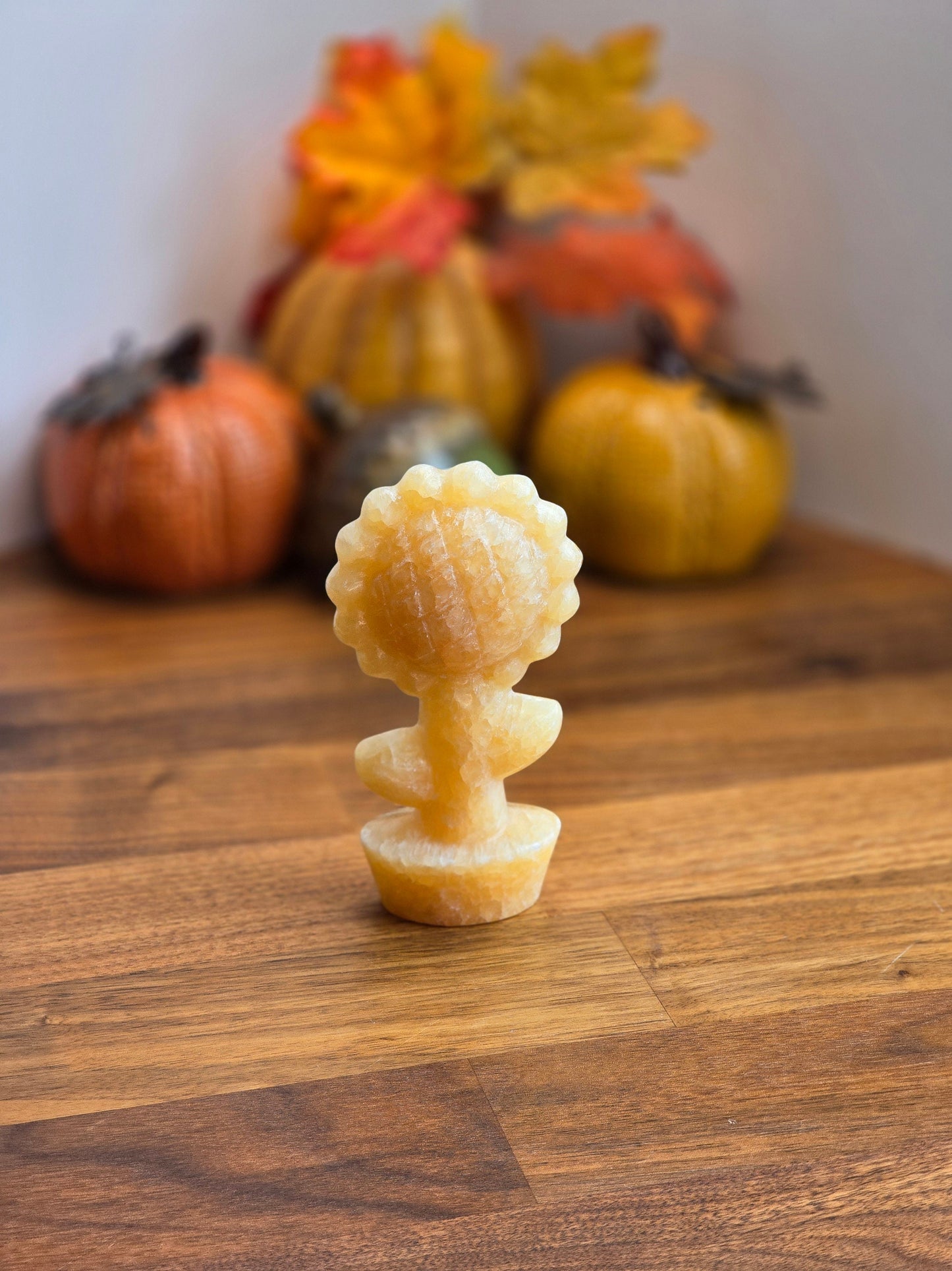 Yellow Calcite Sunflower: 3D Crystal Carving, Fall Decor