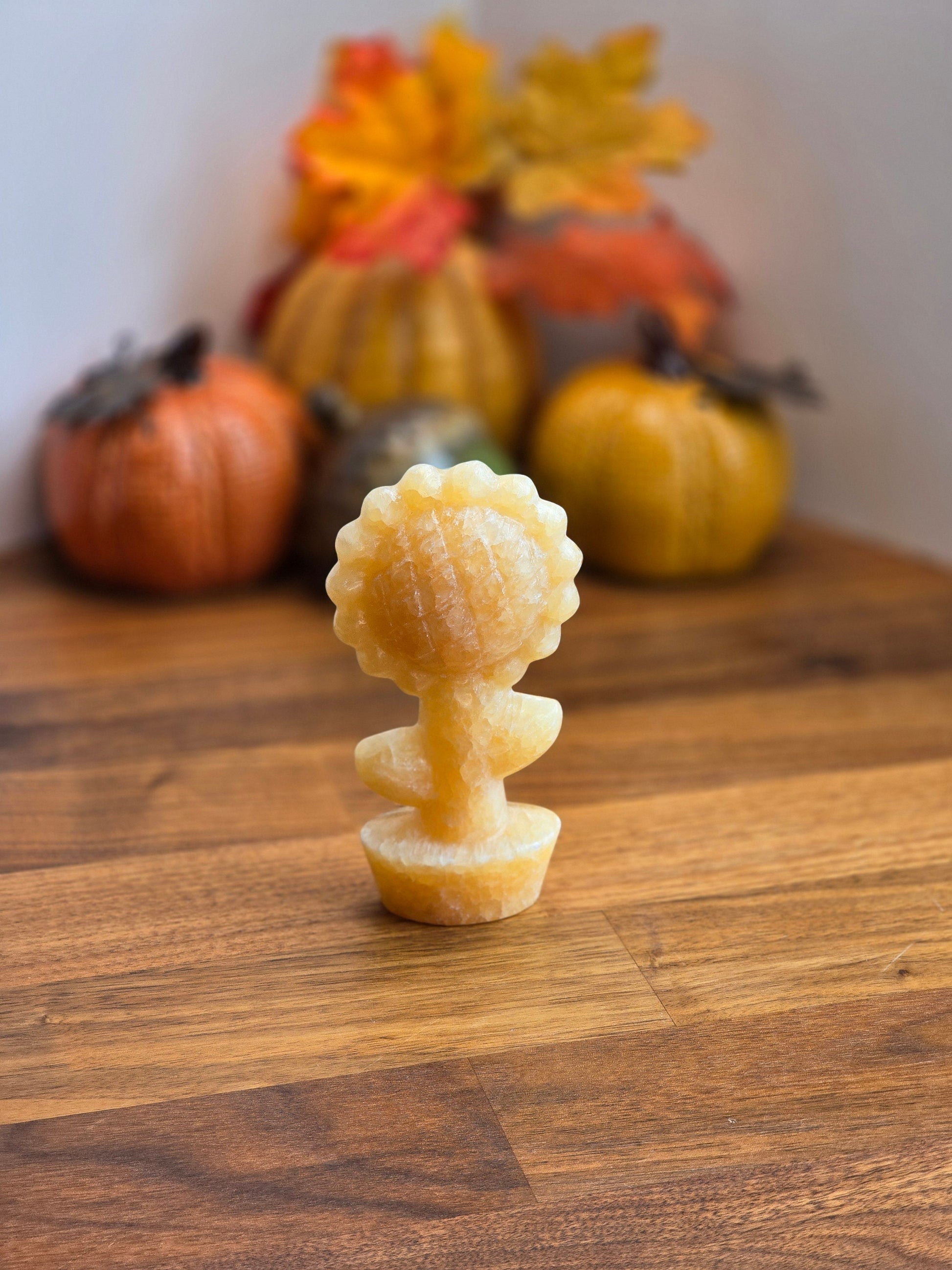 Yellow Calcite Sunflower: 3D Crystal Carving, Fall Decor