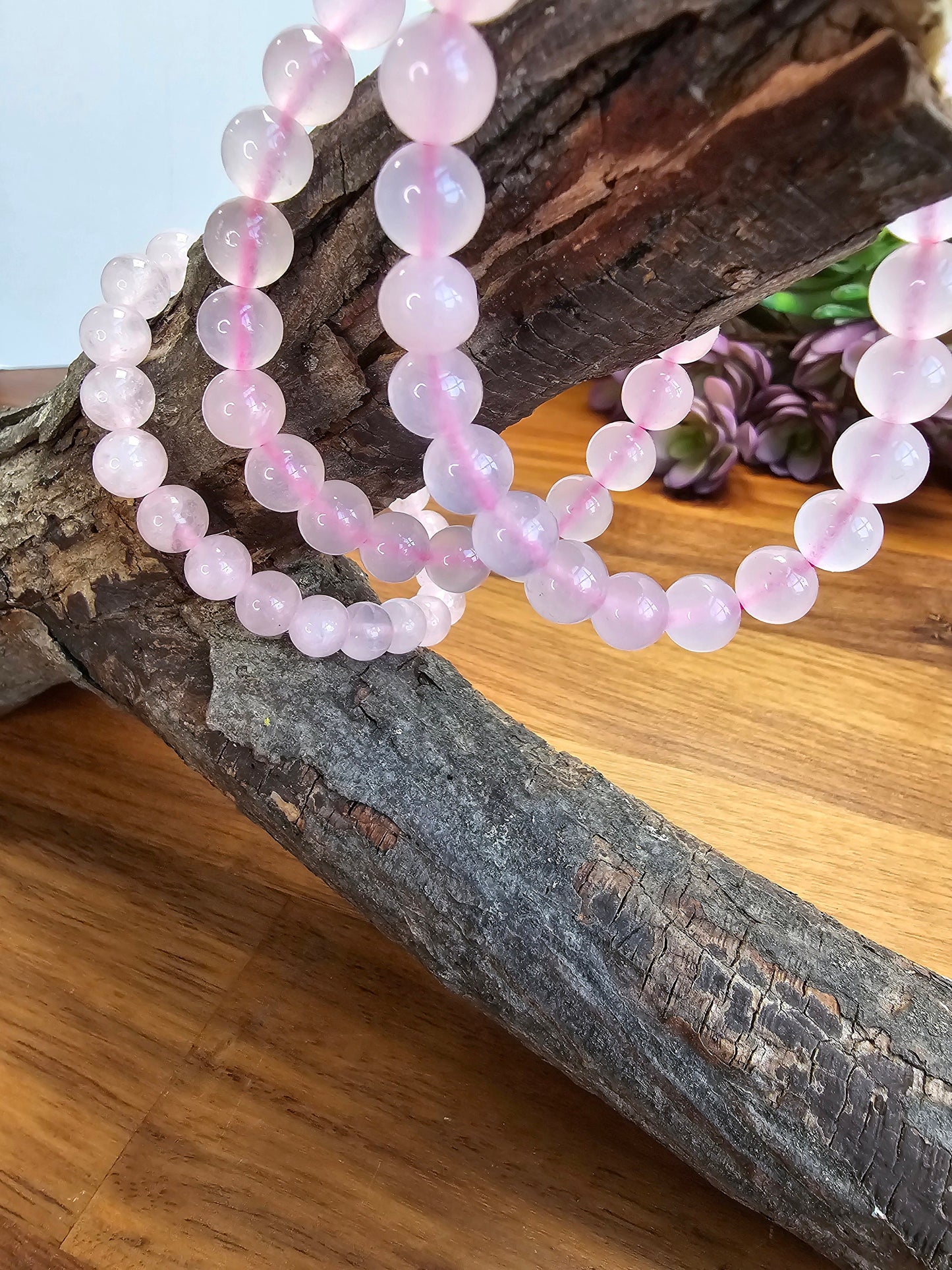 Rose Quartz Bracelet | 8MM Crystal Favorite | Pretty Pink Translucent Crystal Beads on Magenta Stretchy Band | Valentine Confetti Add On