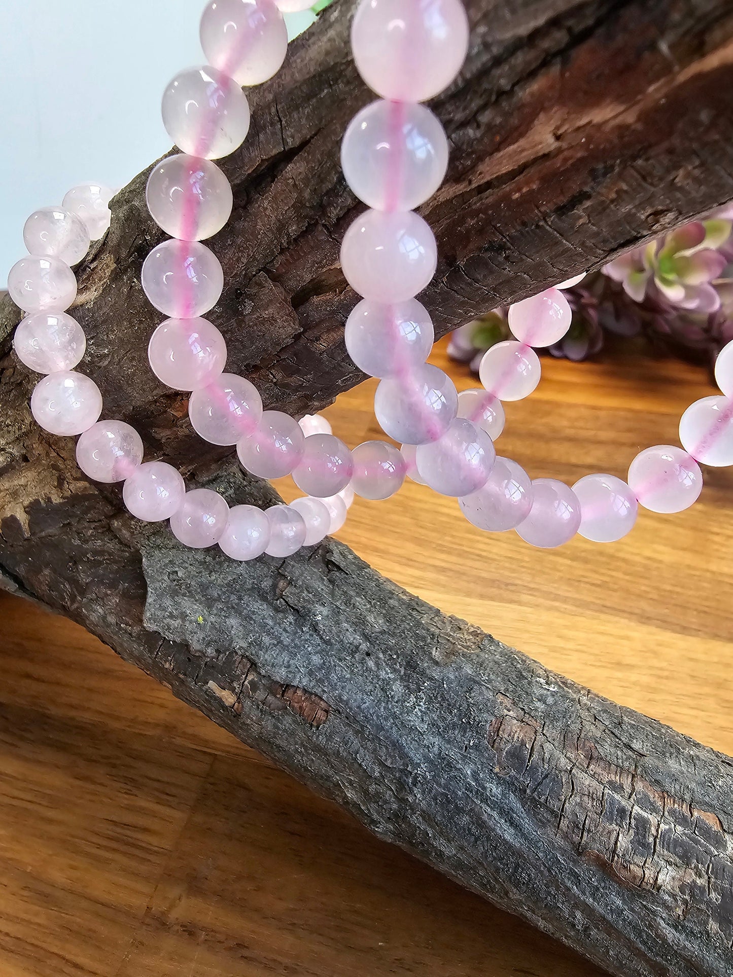 Rose Quartz Bracelet | 8MM Crystal Favorite | Pretty Pink Translucent Crystal Beads on Magenta Stretchy Band | Valentine Confetti Add On