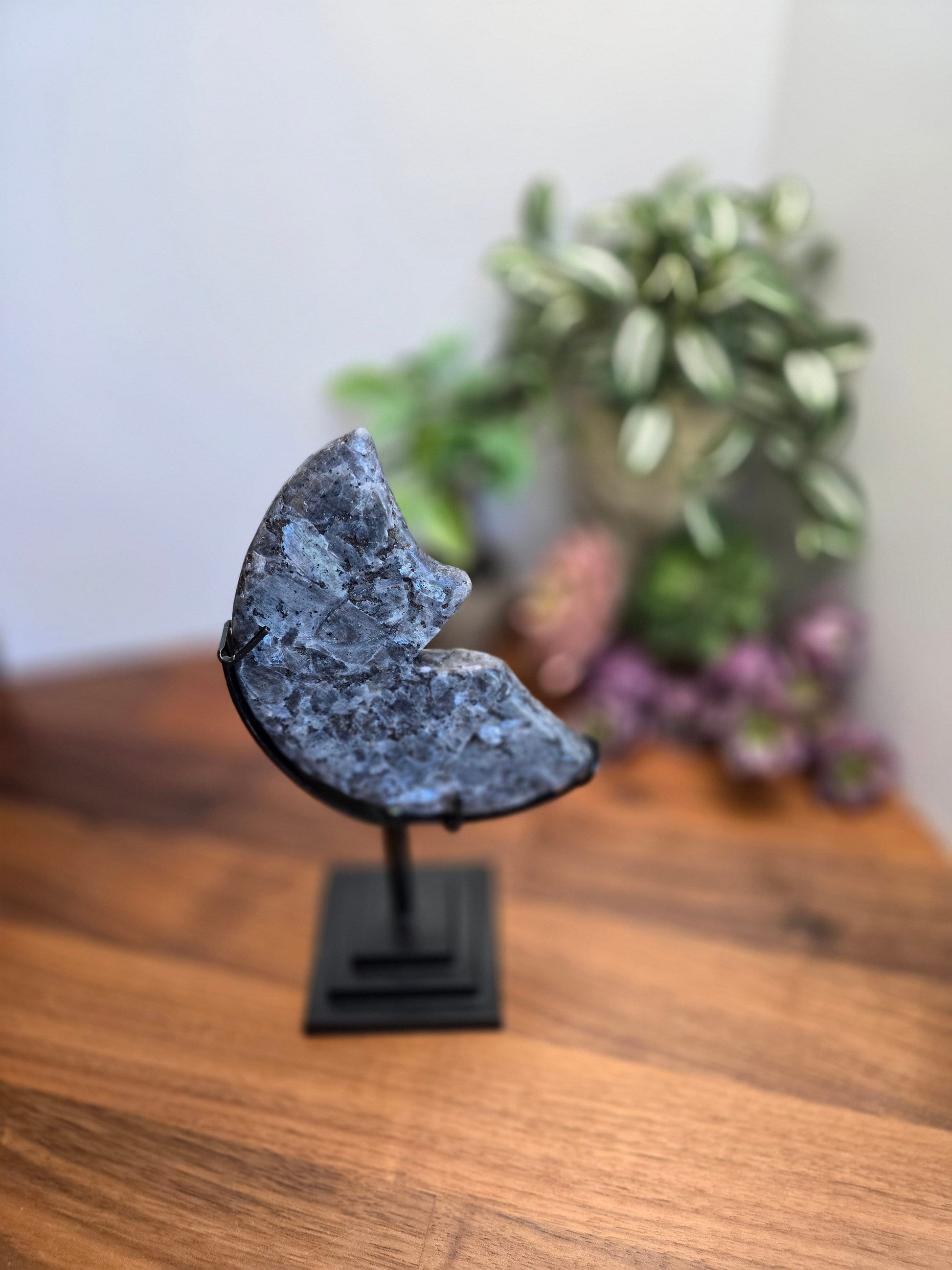 Laughing Larvakite Moon | Large Crescent Moon Crystal | Happy Smiling Gray Moon with Blue Flashes | Big Crystals | Statement | Only One!