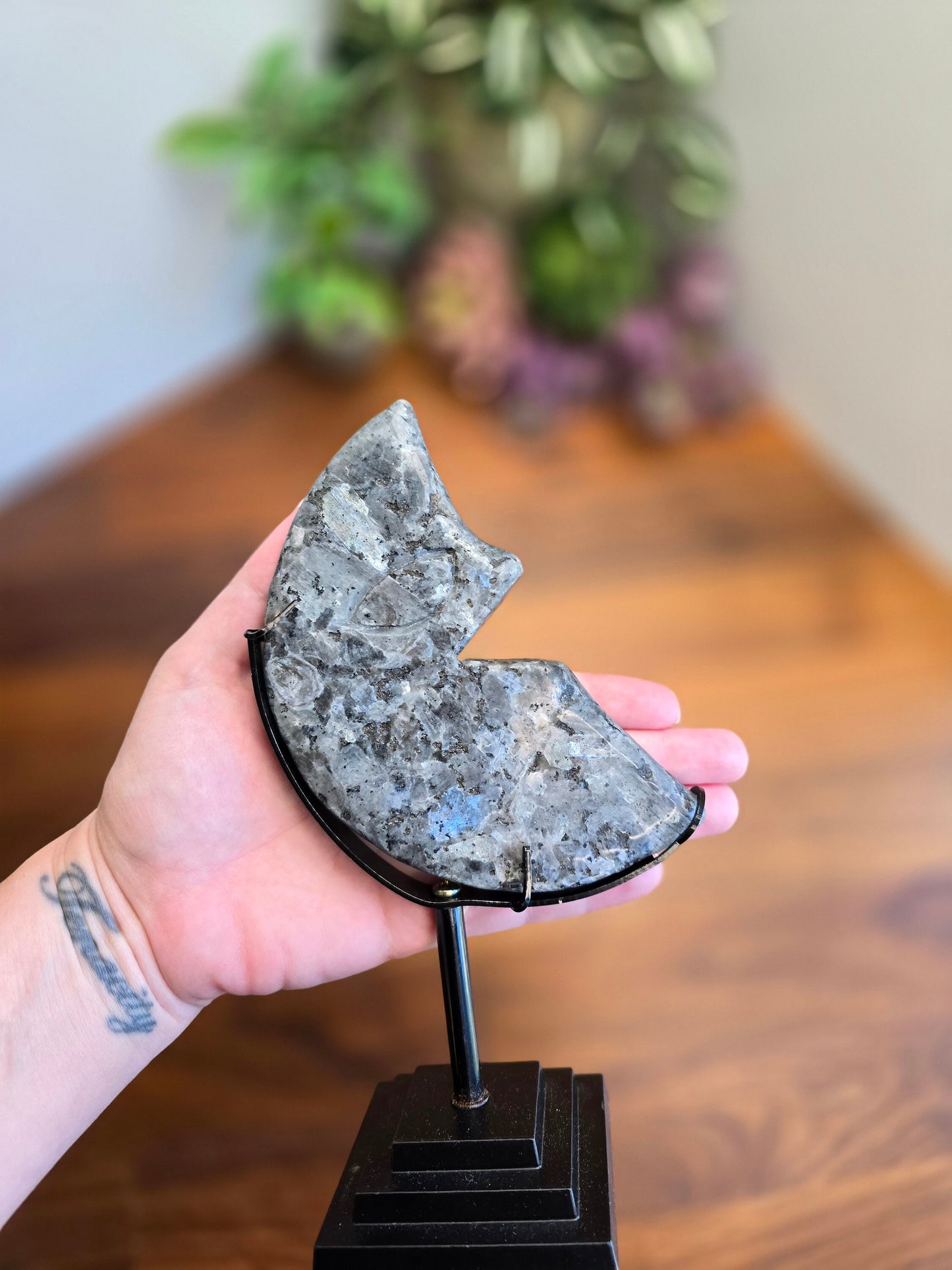 Laughing Larvakite Moon | Large Crescent Moon Crystal | Happy Smiling Gray Moon with Blue Flashes | Big Crystals | Statement | Only One!