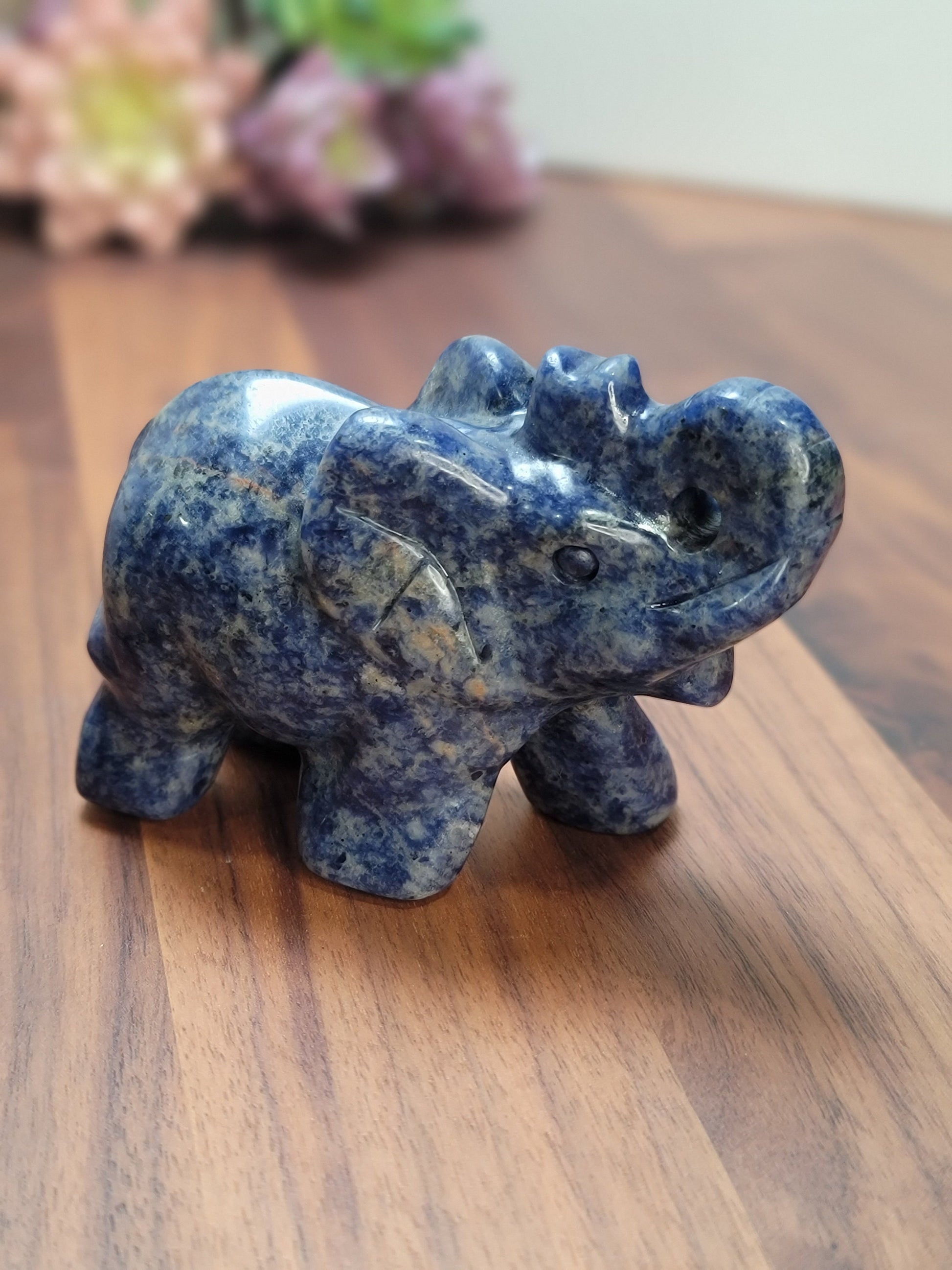 Sodalite Elephant Carving | Alesandra | 3.75 in X 2.75 | Blue Hand Carved Crystal for Kids Decor | Teen Bedroom Ideas | Unique Finds