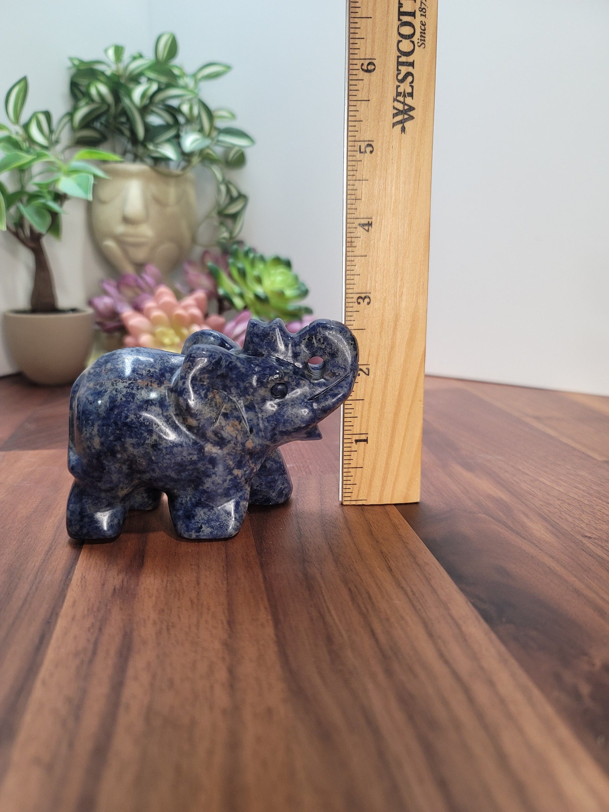 Sodalite Elephant Carving | Alesandra | 3.75 in X 2.75 | Blue Hand Carved Crystal for Kids Decor | Teen Bedroom Ideas | Unique Finds