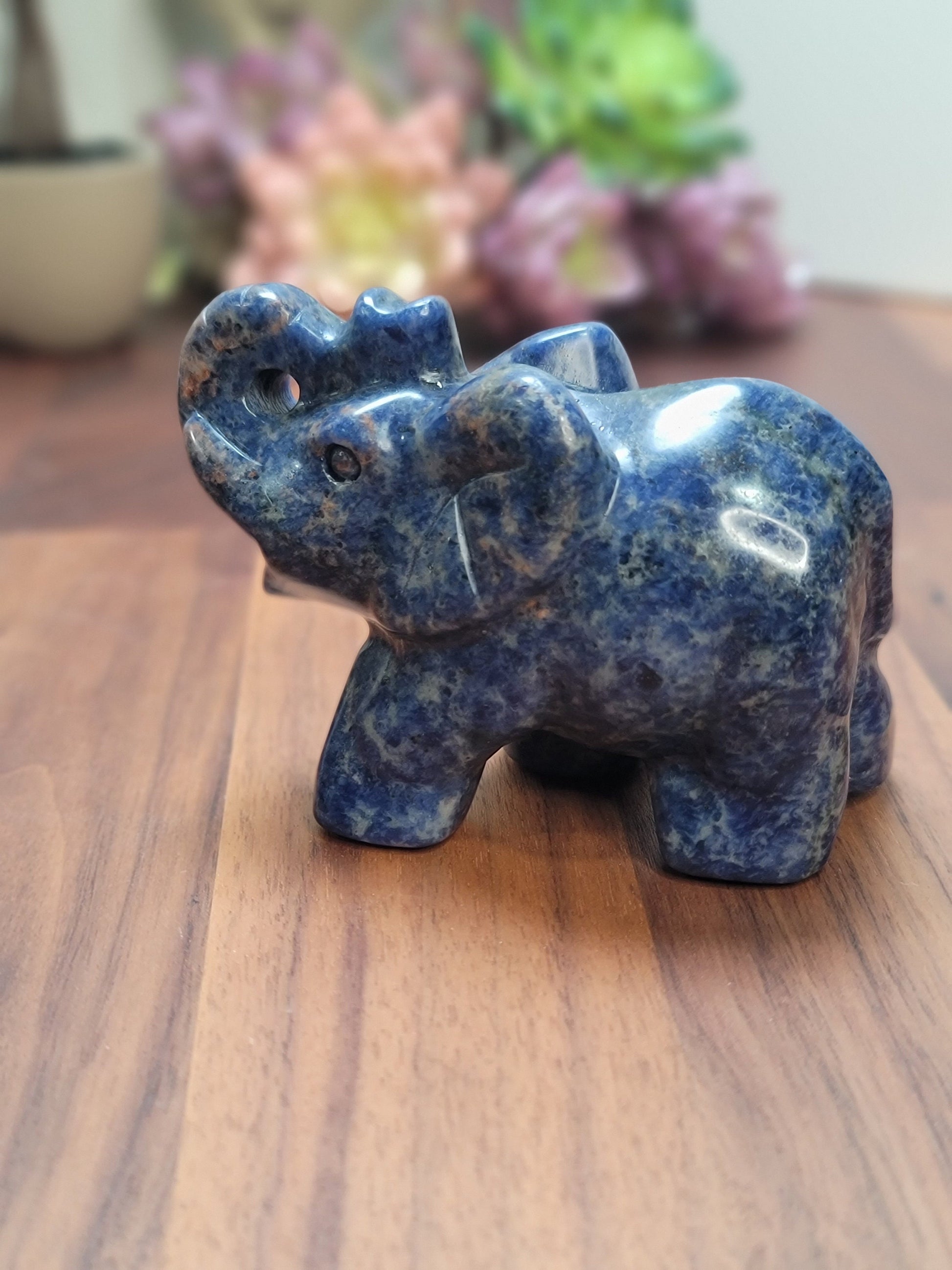 Sodalite Elephant Carving | Cindy | 3.75 in X 2.75 in | Blue Black & White Accent | Dad's Shelf Display | Big Kid Room Ideas | Zoo Animal