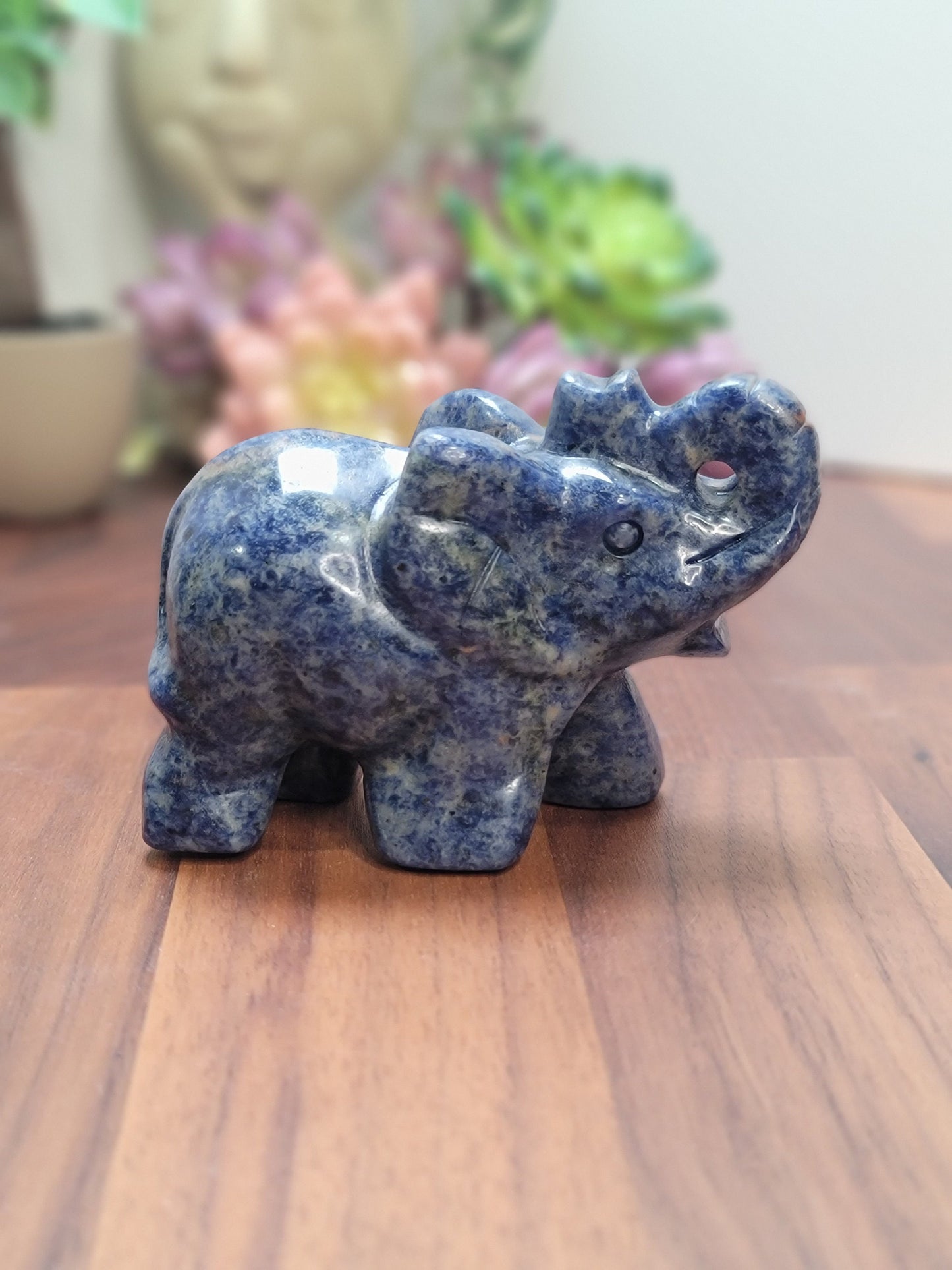 Blue Sodalite Elephant Crystal Carving | Contessa | Slight UV Reaction | 3.75 in X 2.75 in | Blue Black and White