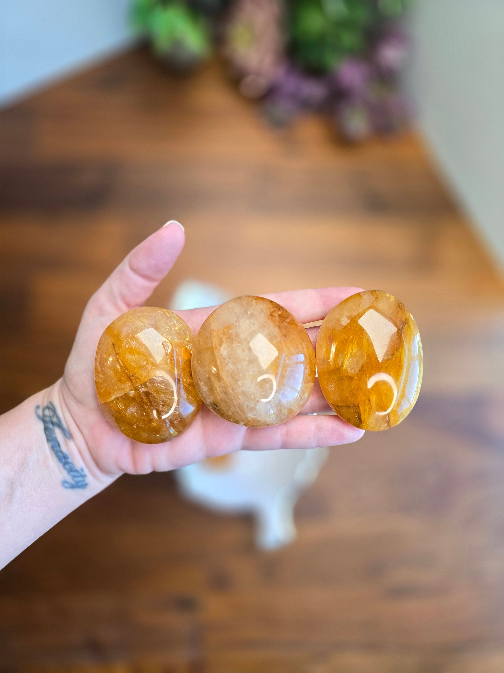 Golden Healer Palm Stone | Large | Marigold, Clear, Gold and Rainbows | Yellow Lover Pocket Crystals | ADHD Fidgets | Intuitively Chosen