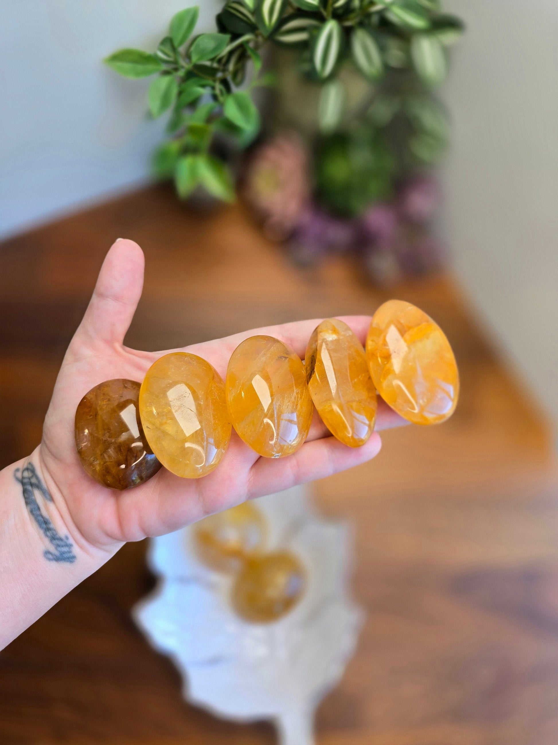 Golden Healer Palm Stone | Large | Marigold, Clear, Gold and Rainbows | Yellow Lover Pocket Crystals | ADHD Fidgets | Intuitively Chosen