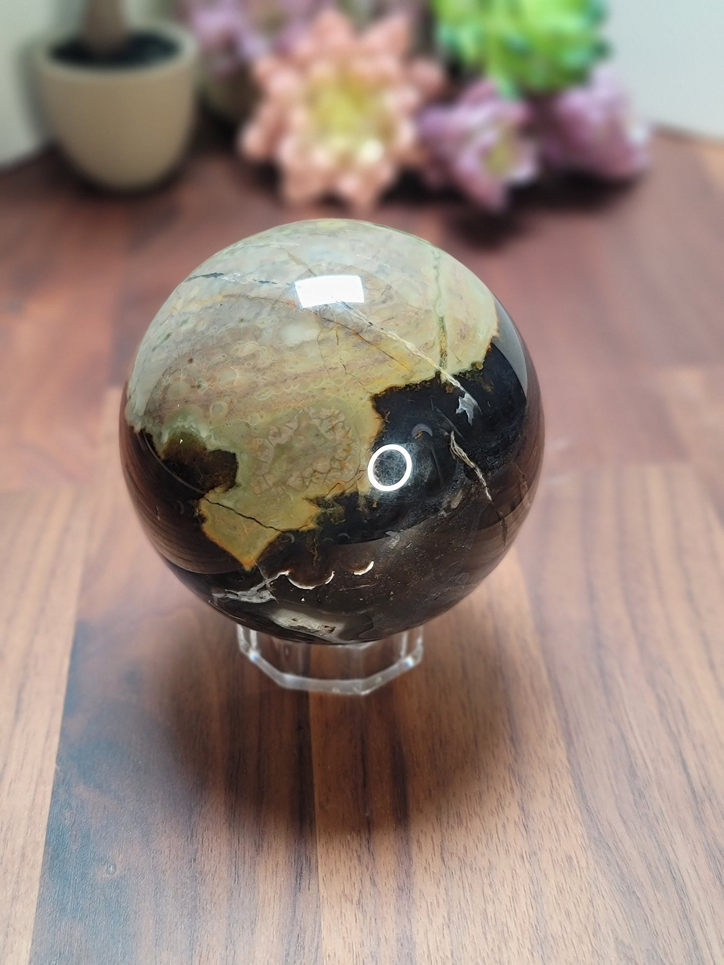 Lovely Large Volcanic Agate Crystal Sphere | A | 90 MM | UV Reactive | White Black Brown and Gray | One of a Kind