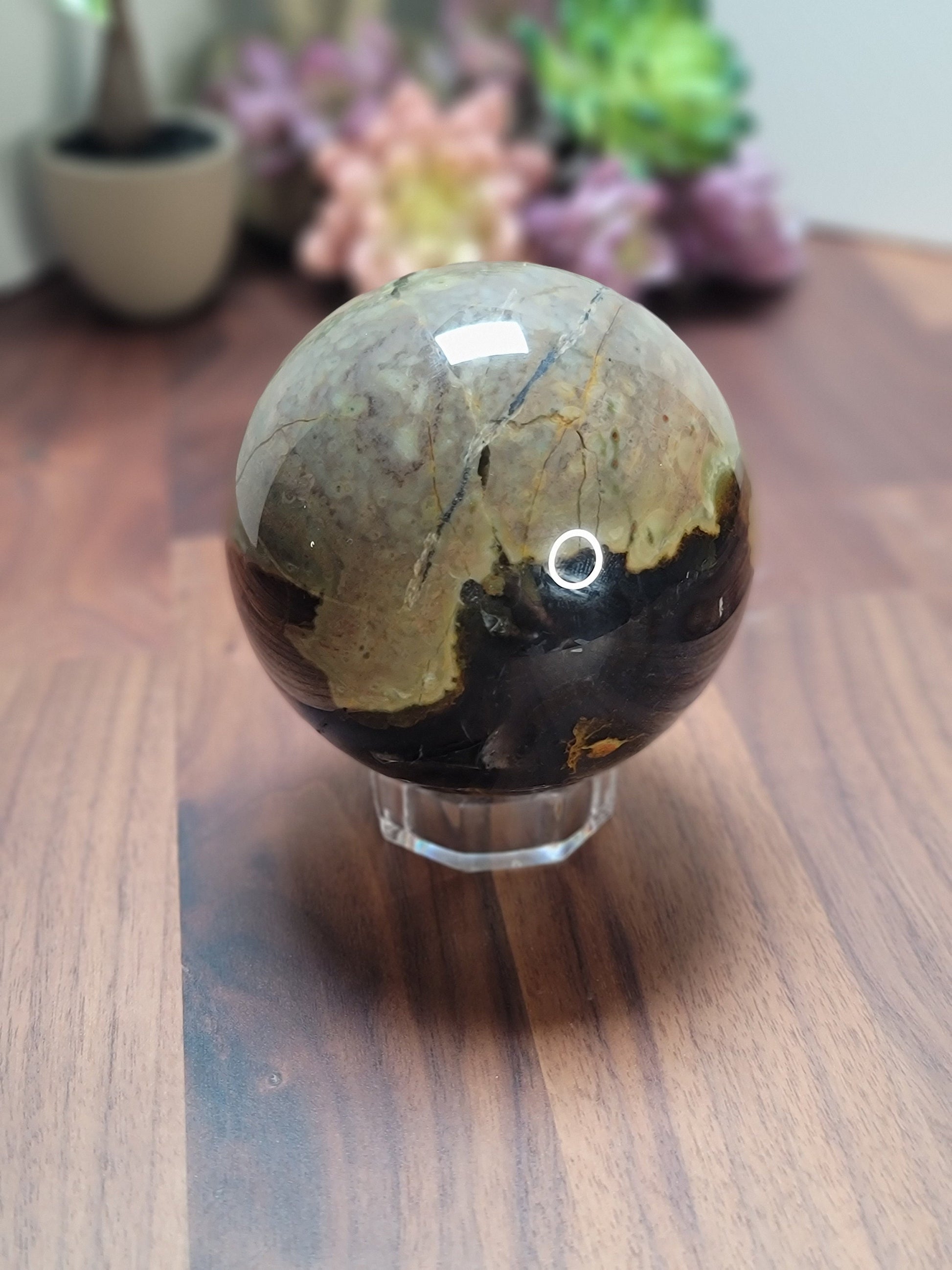 Lovely Large Volcanic Agate Crystal Sphere | A | 90 MM | UV Reactive | White Black Brown and Gray | One of a Kind