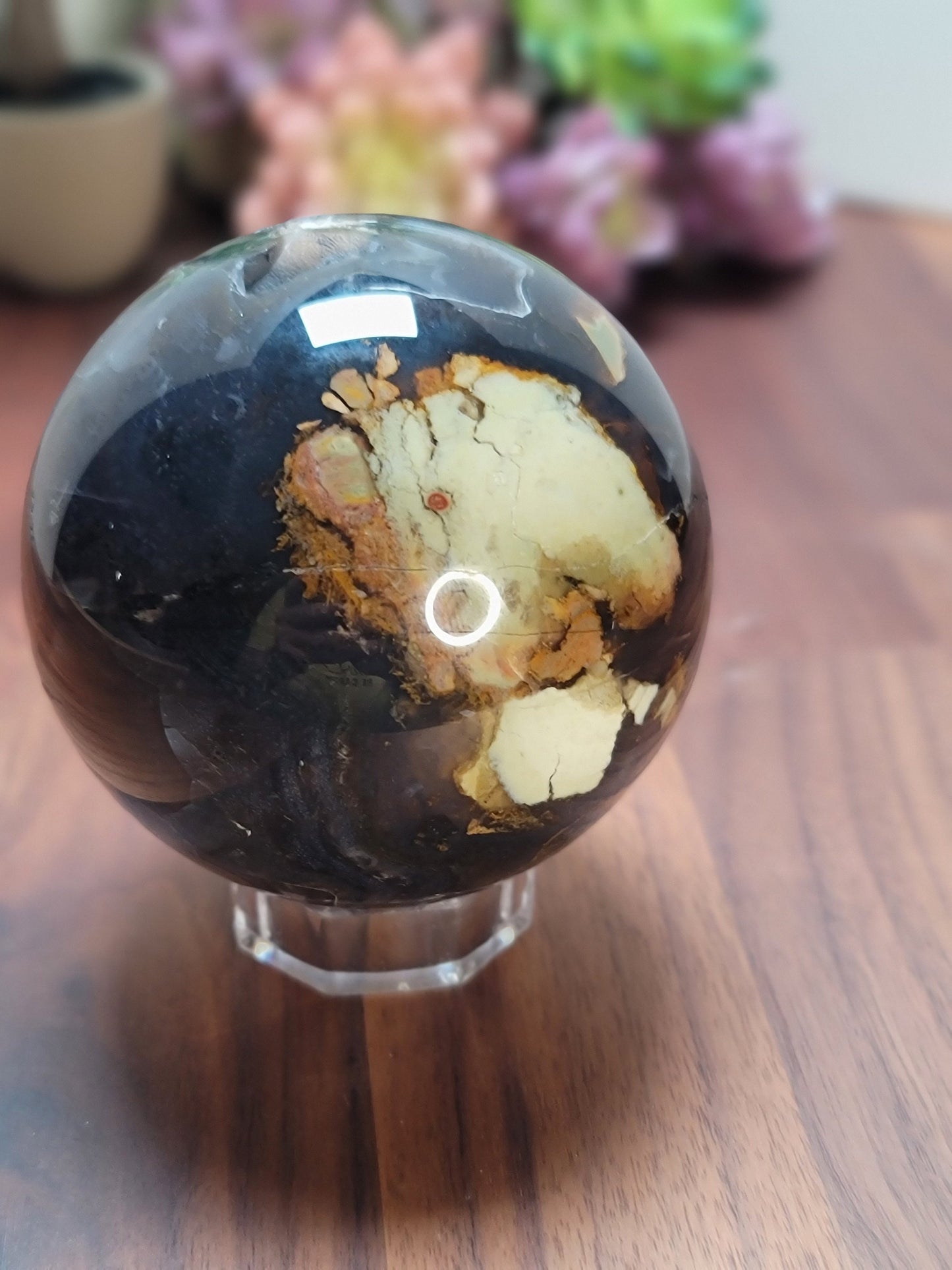 Lovely Large Volcanic Agate Crystal Sphere | A | 90 MM | UV Reactive | White Black Brown and Gray | One of a Kind