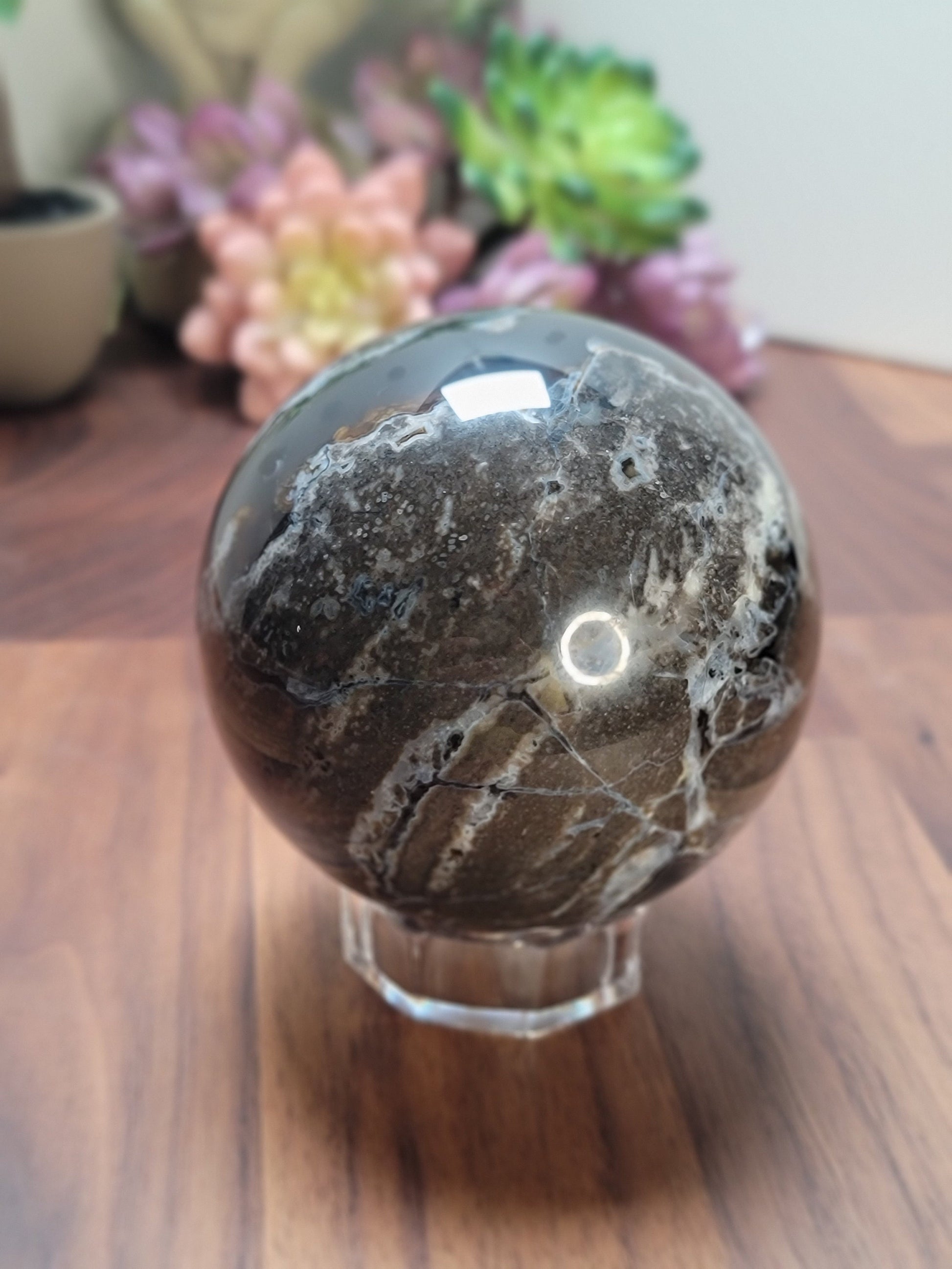 Lovely Large Volcanic Agate Crystal Sphere | C | 85 MM | UV Reactive | White Black Brown and Gray | One of a Kind