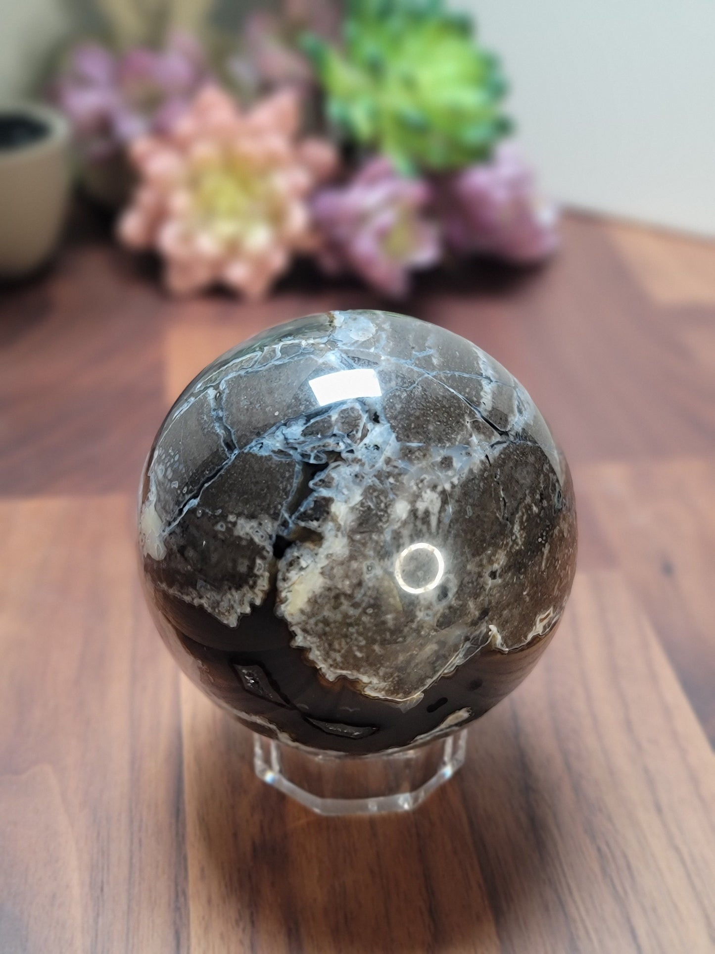 Lovely Large Volcanic Agate Crystal Sphere | C | 85 MM | UV Reactive | White Black Brown and Gray | One of a Kind