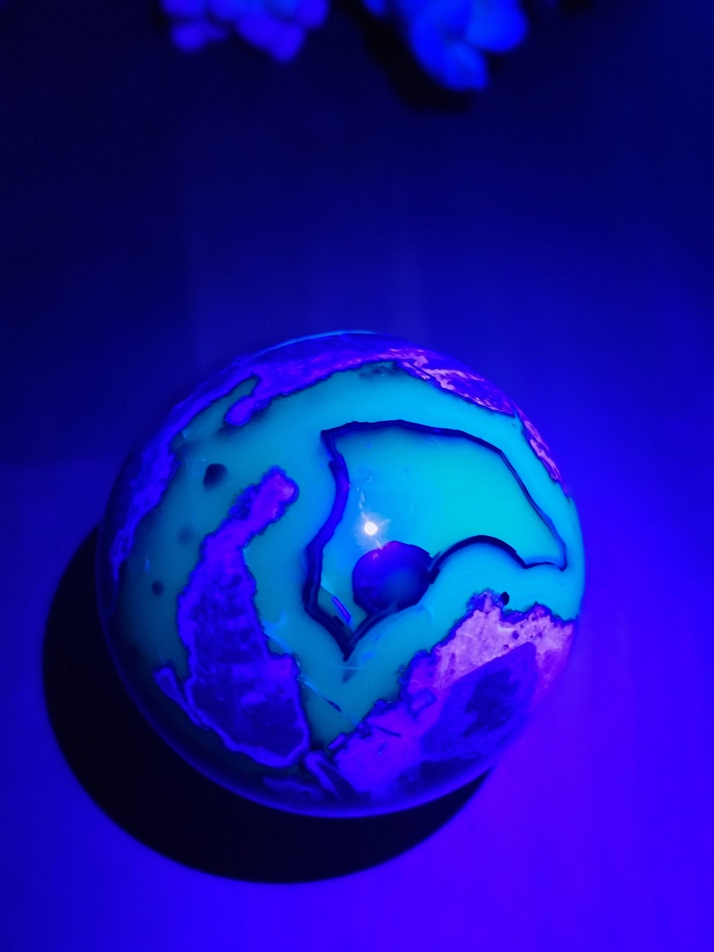 Lovely Large Volcanic Agate Crystal Sphere | C | 85 MM | UV Reactive | White Black Brown and Gray | One of a Kind