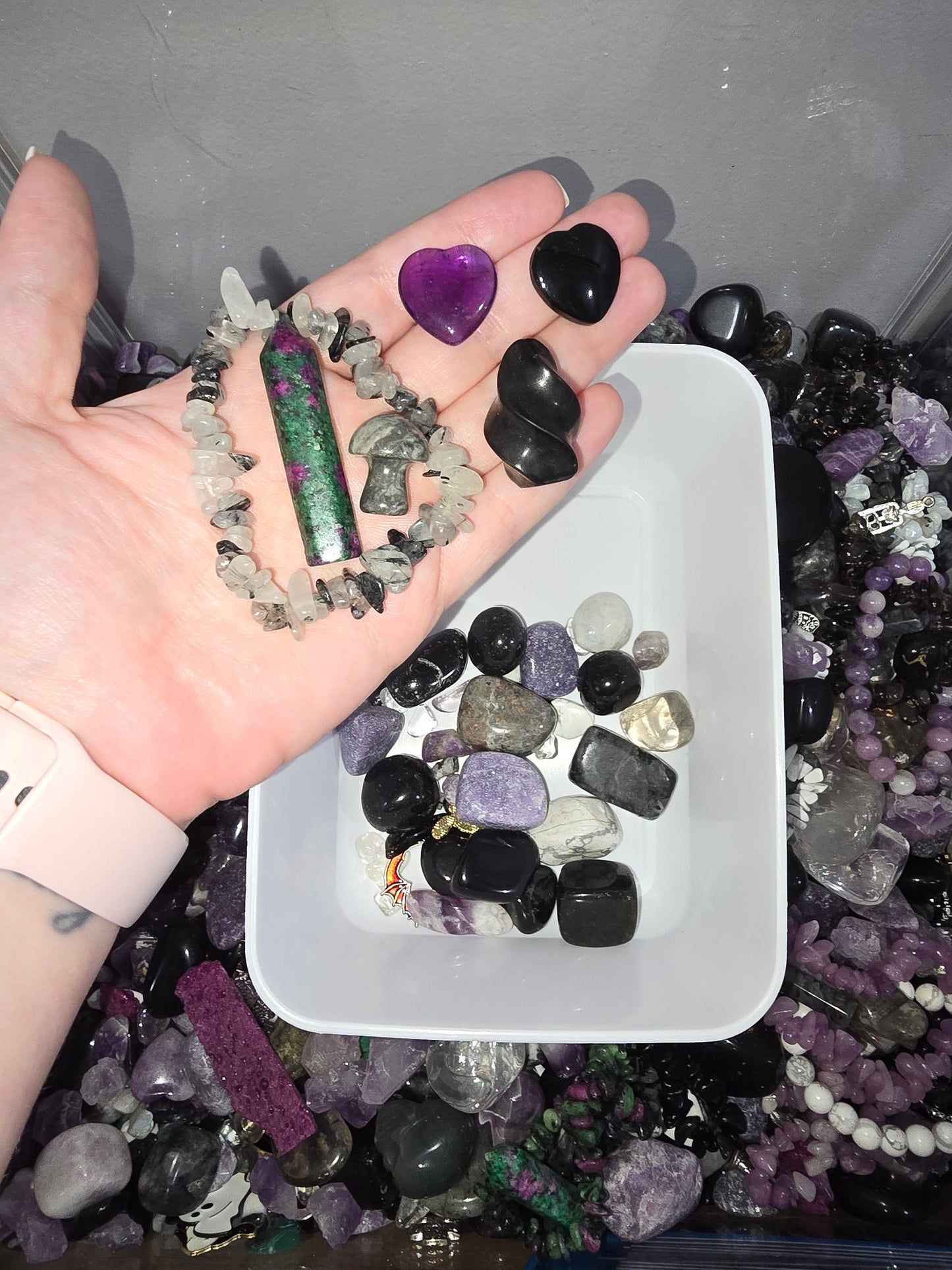 Spooky Witchy Crystal Confetti Scoops! Black & Purple Mystery Mix with Bracelets, ghosts, skulls and moon carvings | Fun pops of Pink, Green
