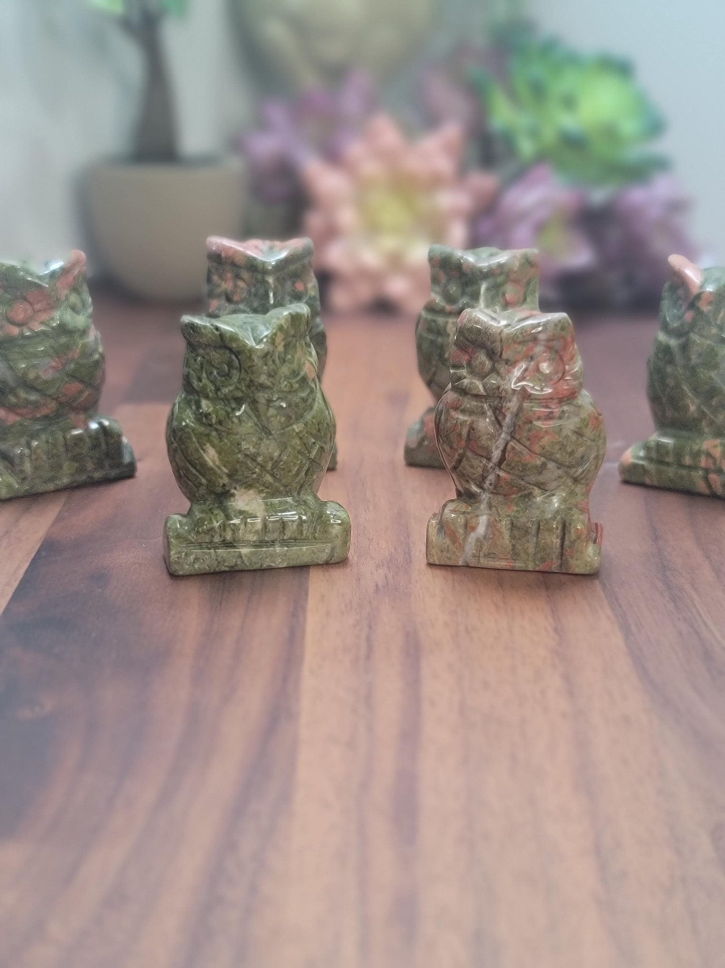 Unique Unakite Owl Crystal Carving | 1.75 Inches | Green White and Pink | Intuitively Chosen