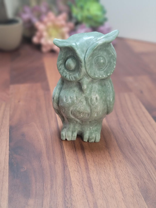 Green Jade Owl Carving: 4-Inch Handcrafted Crystal Sculpture