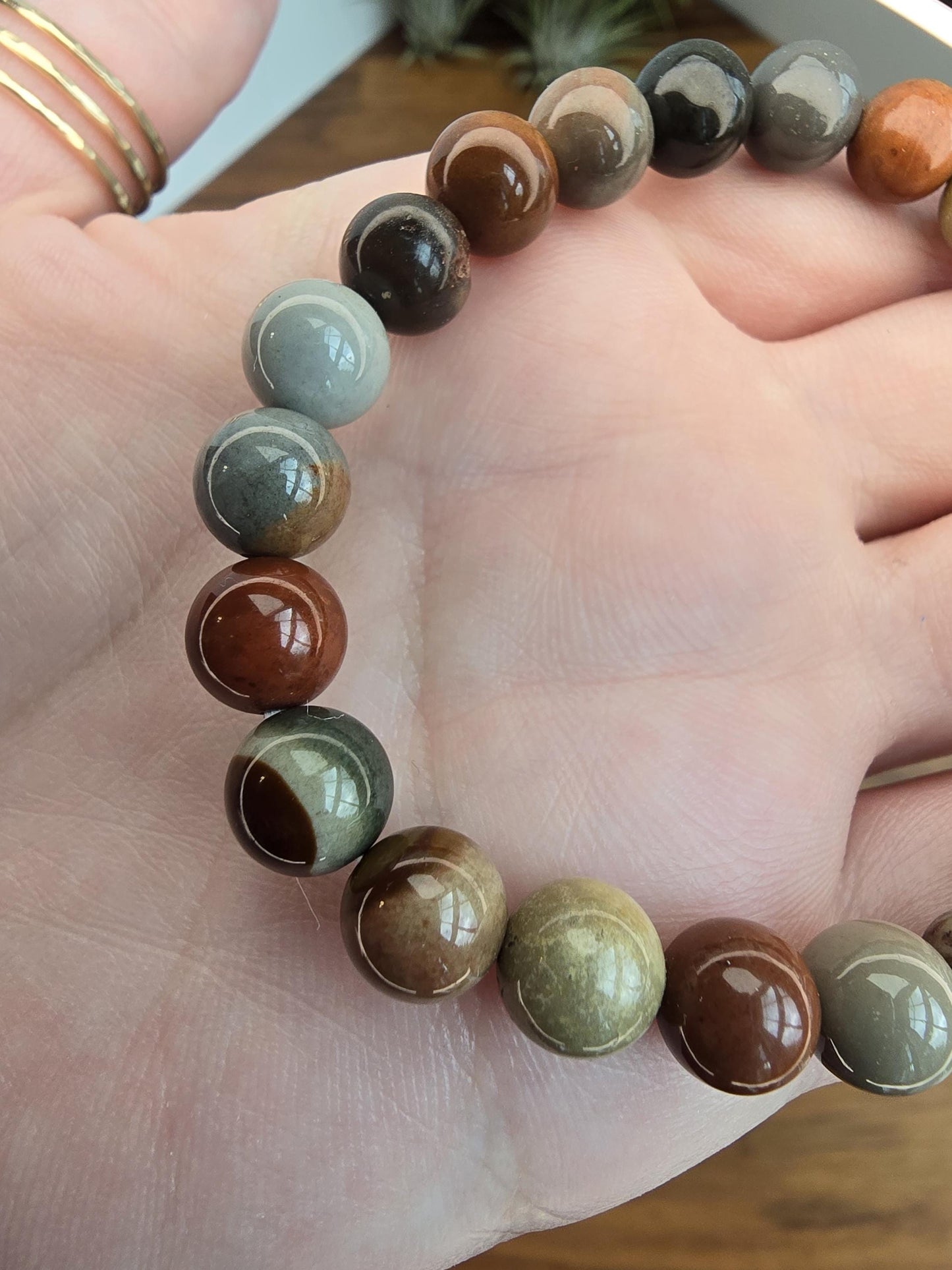 Polychrome Bracelet | 8MM Crystal Jewelry | American Picture Jasper in Red, Off White & Blue | Patriotic Gifts | Veteran | 4th of July