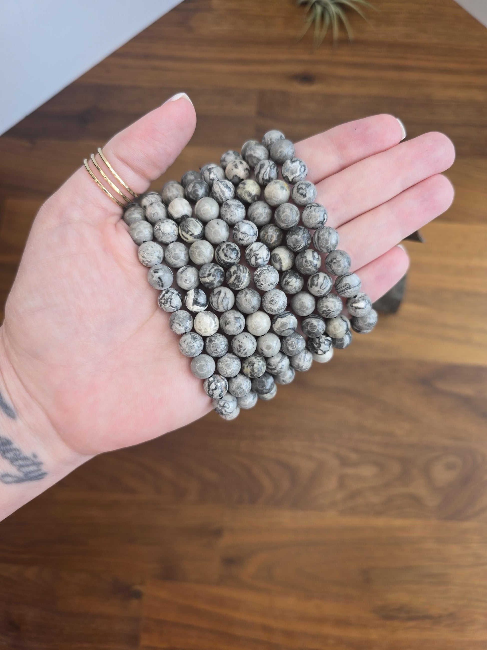 Gray Picasso Jasper | 8MM Crystal Bracelet | Marbled Black, White & Grey Patterns | Minimalist Natural Beads on Stretch Bracelet | Art Deco