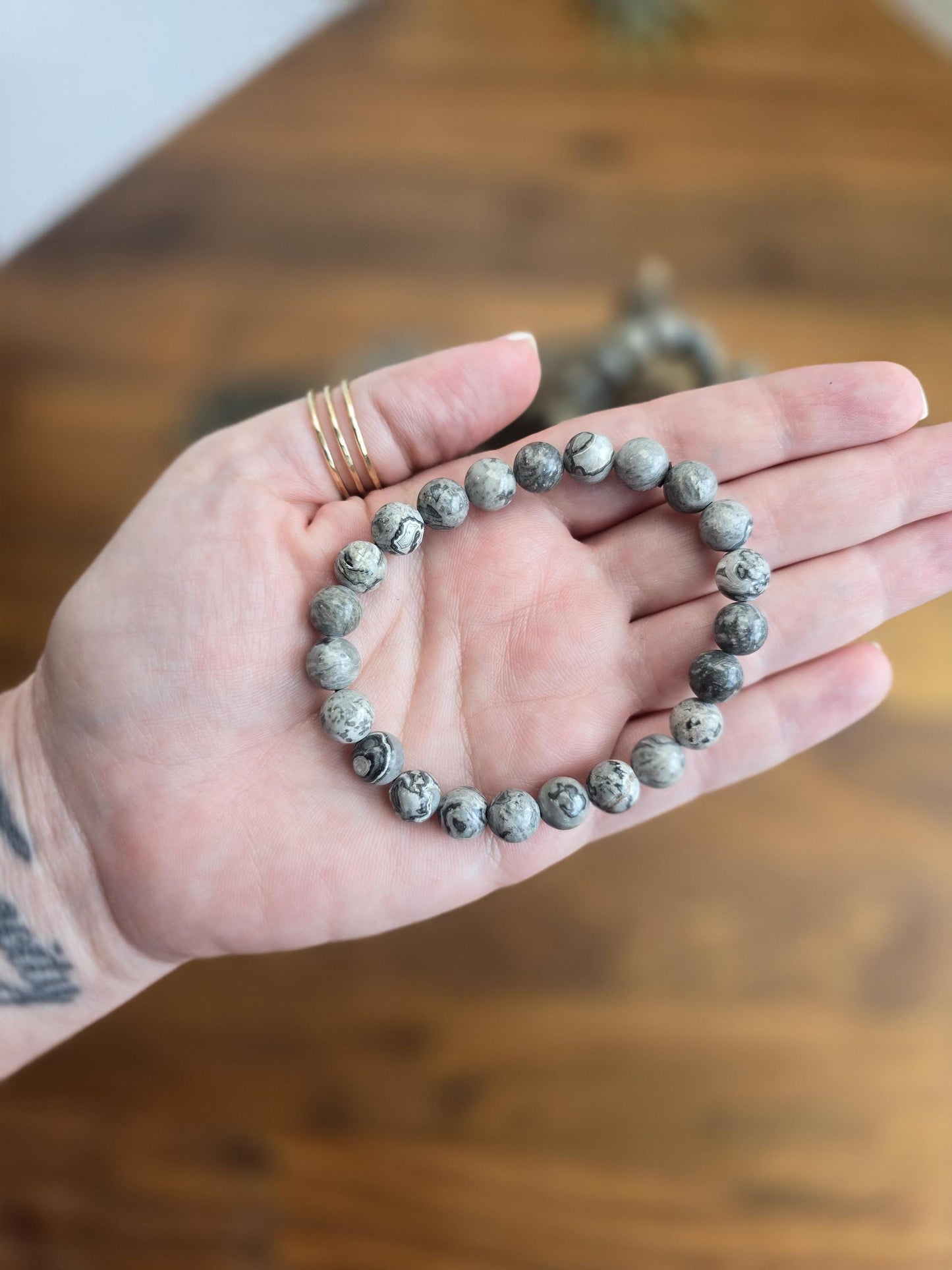 Gray Picasso Jasper | 8MM Crystal Bracelet | Marbled Black, White & Grey Patterns | Minimalist Natural Beads on Stretch Bracelet | Art Deco