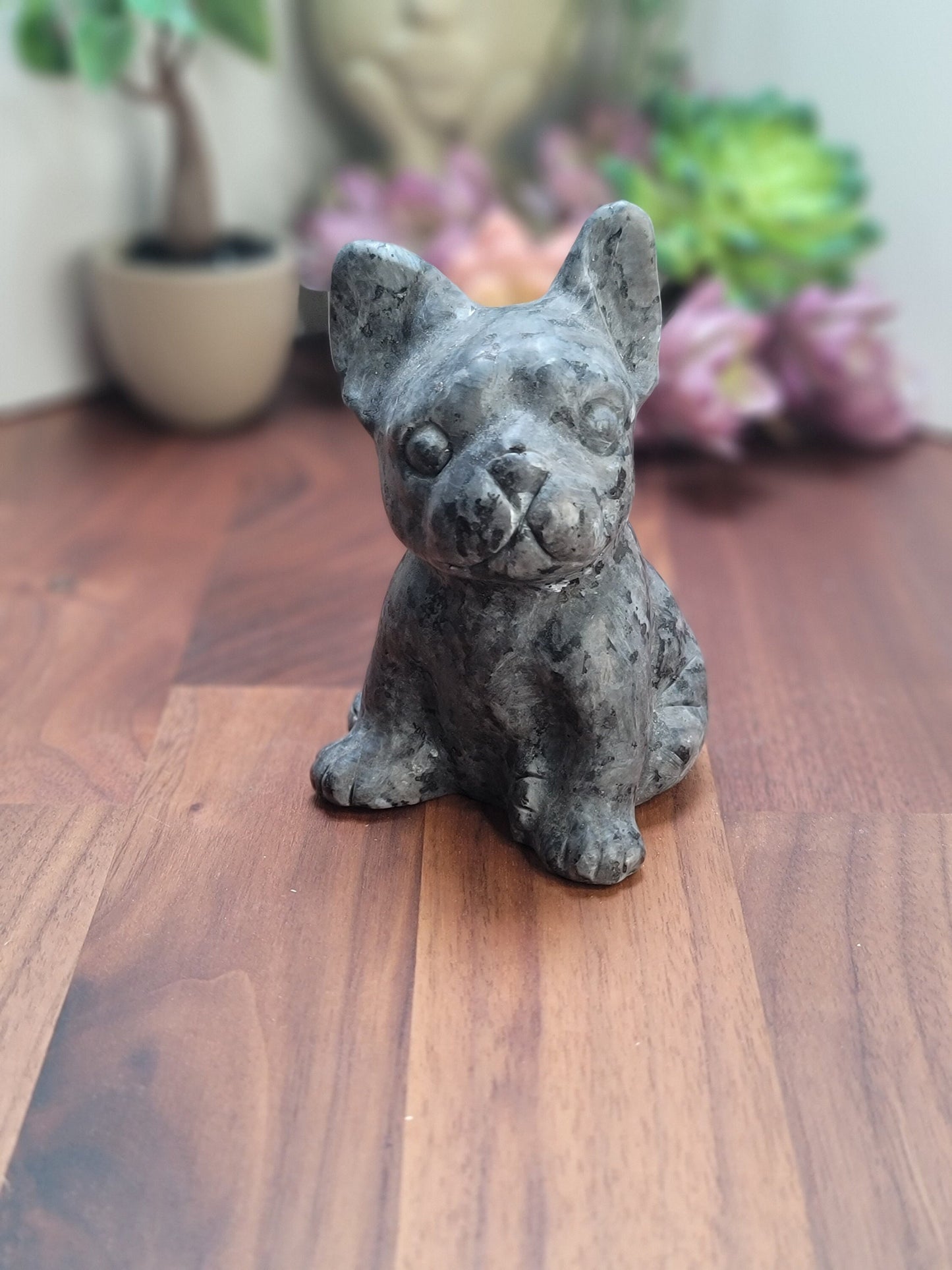 Flashy Larvakite crystal dog carving. Large size Frenchie. Gift for French Bulldog and pet lovers alike.