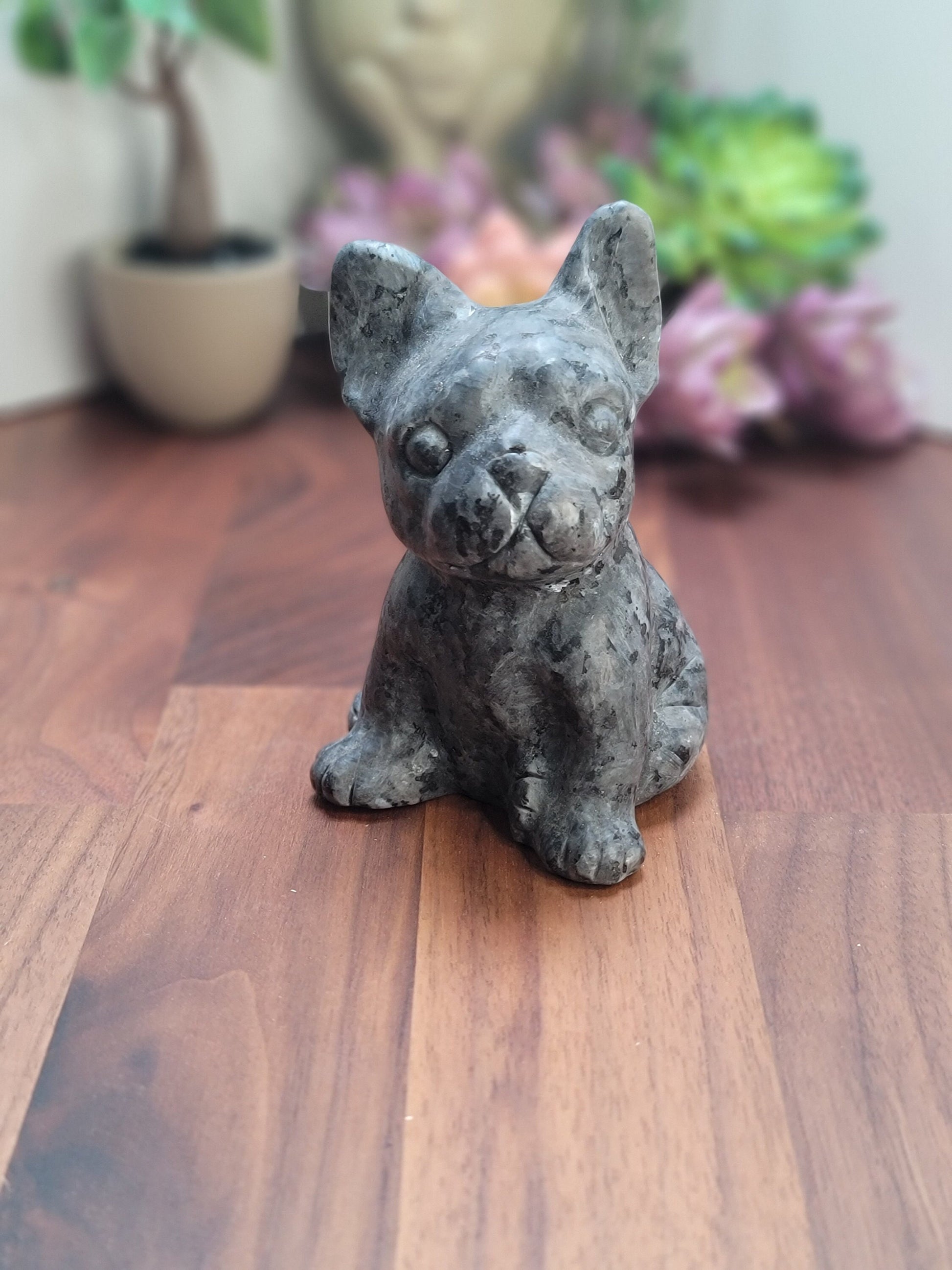 Flashy Larvakite crystal dog carving. Large size Frenchie. Gift for French Bulldog and pet lovers alike.